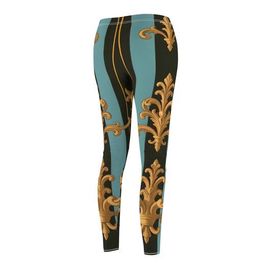 Chic Bohemian Print Leggings for Women, Casual Workout Leggings, Fashionable Yoga Pants - Black & Turquoise Striped Baroque