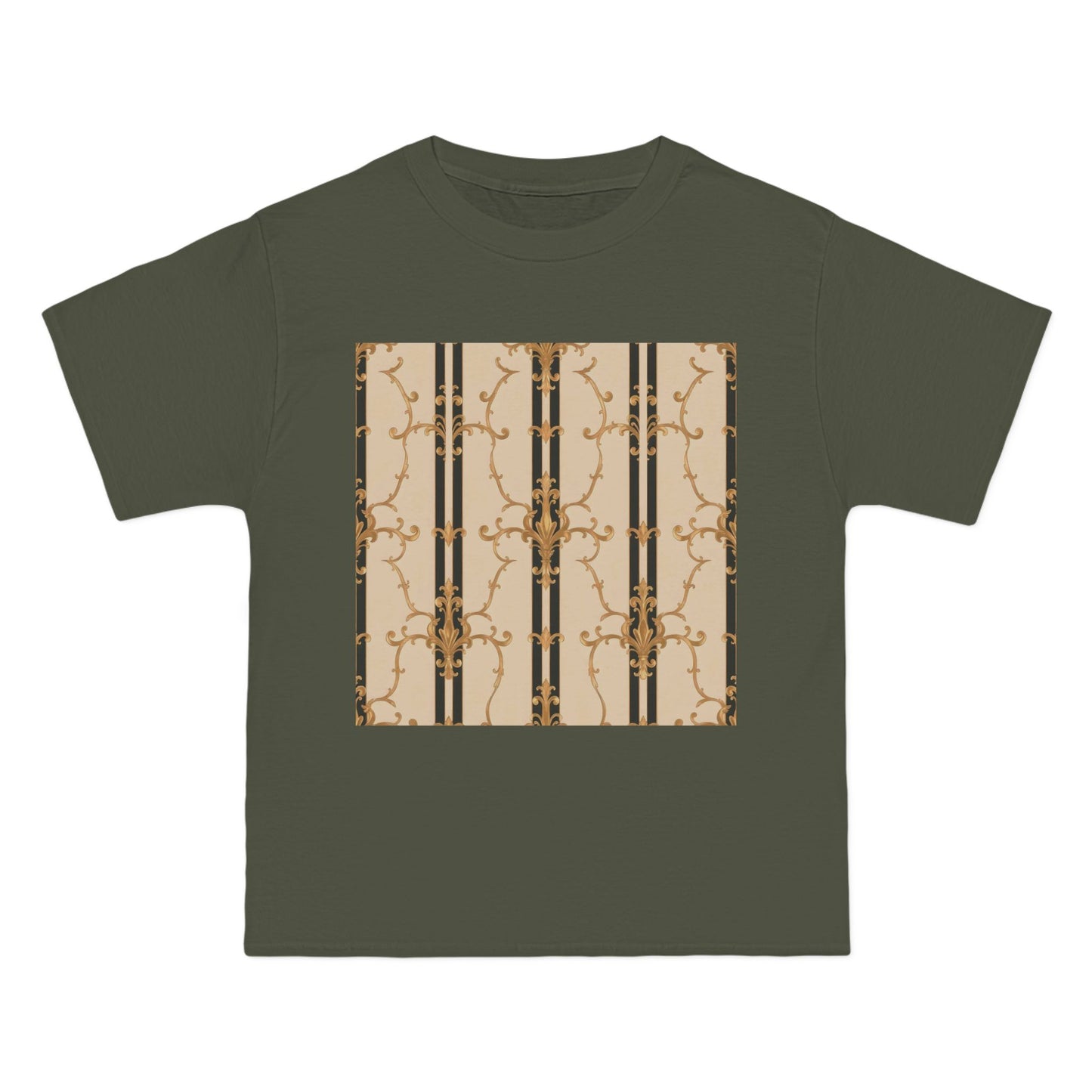 Stylish Graphic Tee for Casual Wear, Fashionable Short-Sleeve Shirt, Unique Summer Top - Black & Beige Striped Damask