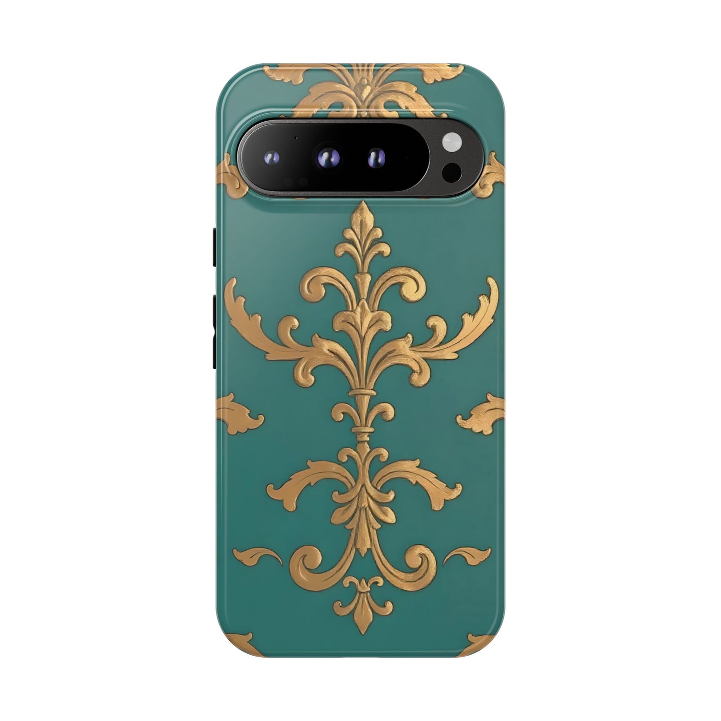 Elegant Floral Motif Phone Case - Tough Cases with Vintage Design - Aqua & Gold Damask