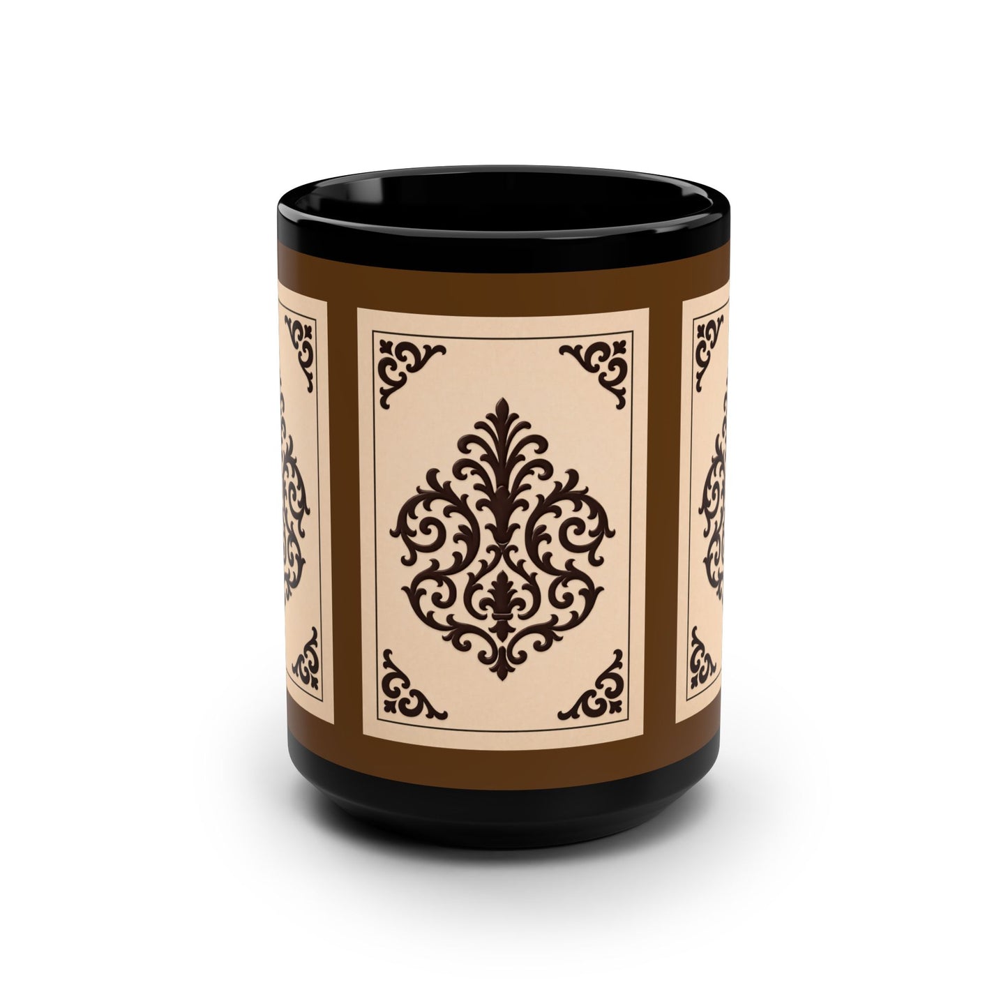Almond-Beige & Brown Baroque Black Ceramic Mug — 15oz Vintage Brown Pattern Coffee Cup - Black