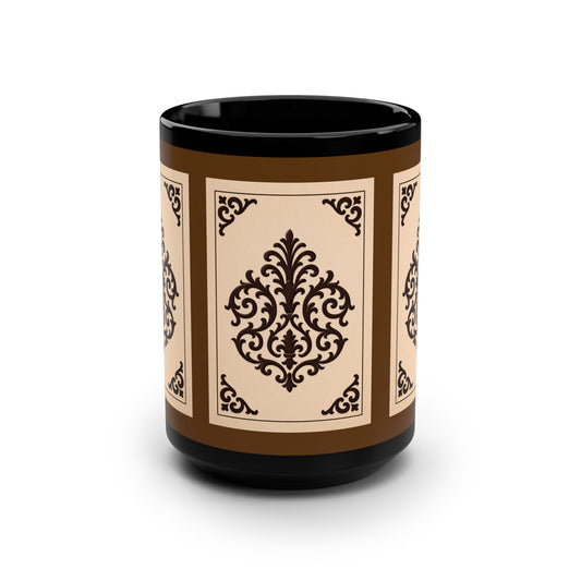 Almond-Beige & Brown Baroque Black Ceramic Mug — 15oz Vintage Brown Pattern Coffee Cup - Black