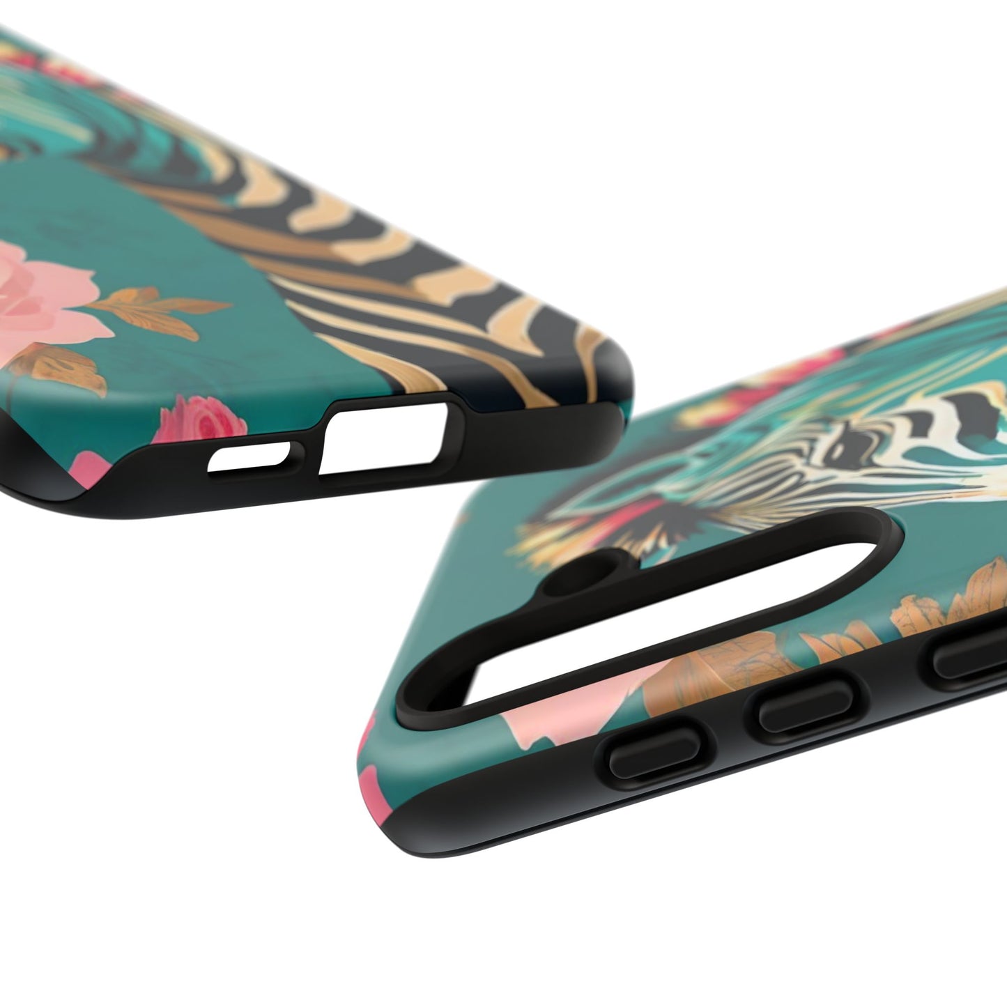 Phone Case - Elegant Teal & Gold Zebra & Roses Design