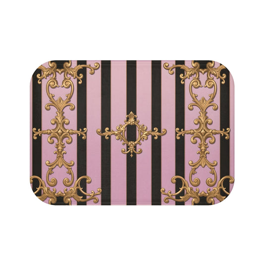 Elegant Vintage Bath Mat - Luxurious Pink and Gold Striped Design, Stylish Bathroom Decor - Ombre Matte Lavender & Black Striped Gold Baroque