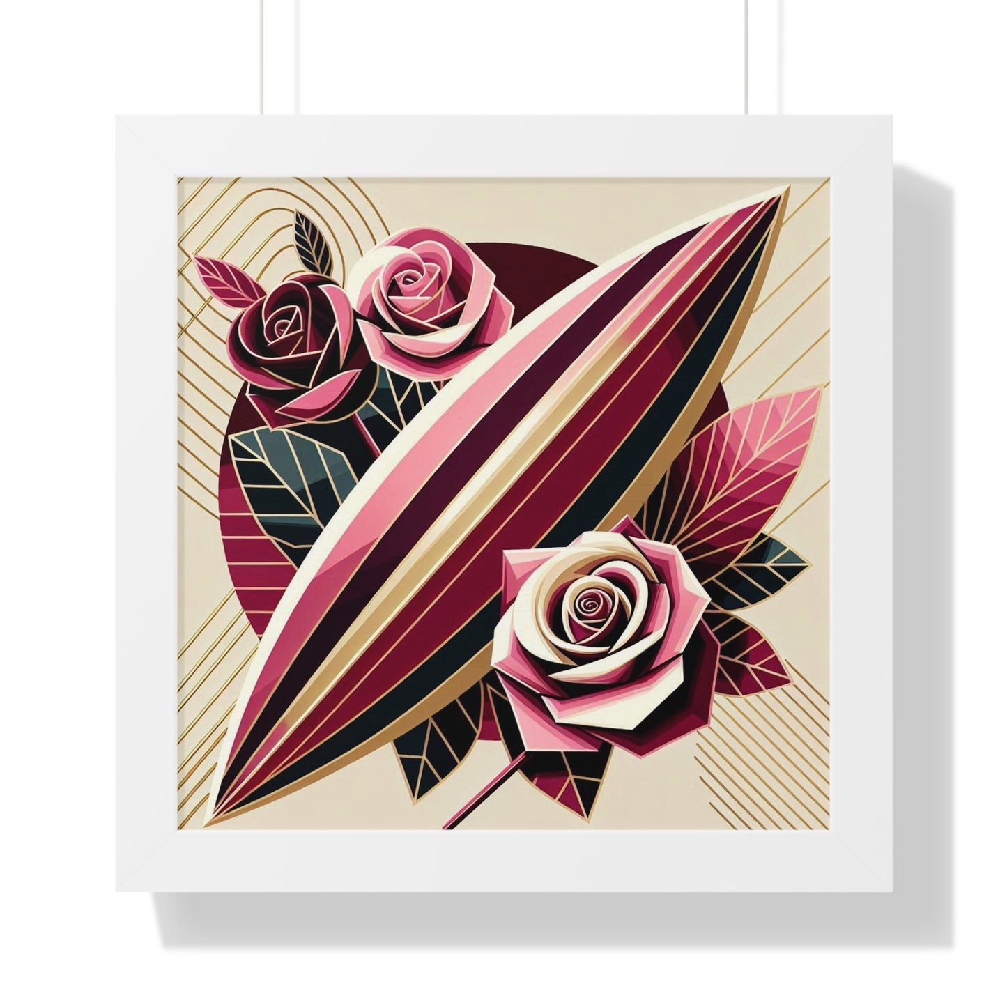 Vertical Poster - Pink & Burgundy Striped Surfboard & Roses Wall Art