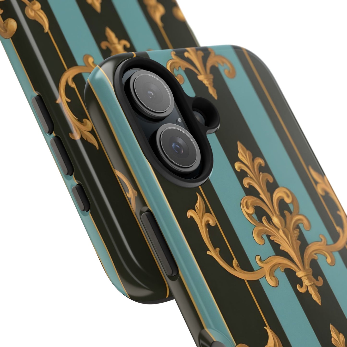 Elegant Baroque Tough Phone Case, Stylish Phone Cover, Durable iPhone Case, Unique Gift - Black & Turquoise Striped Baroque