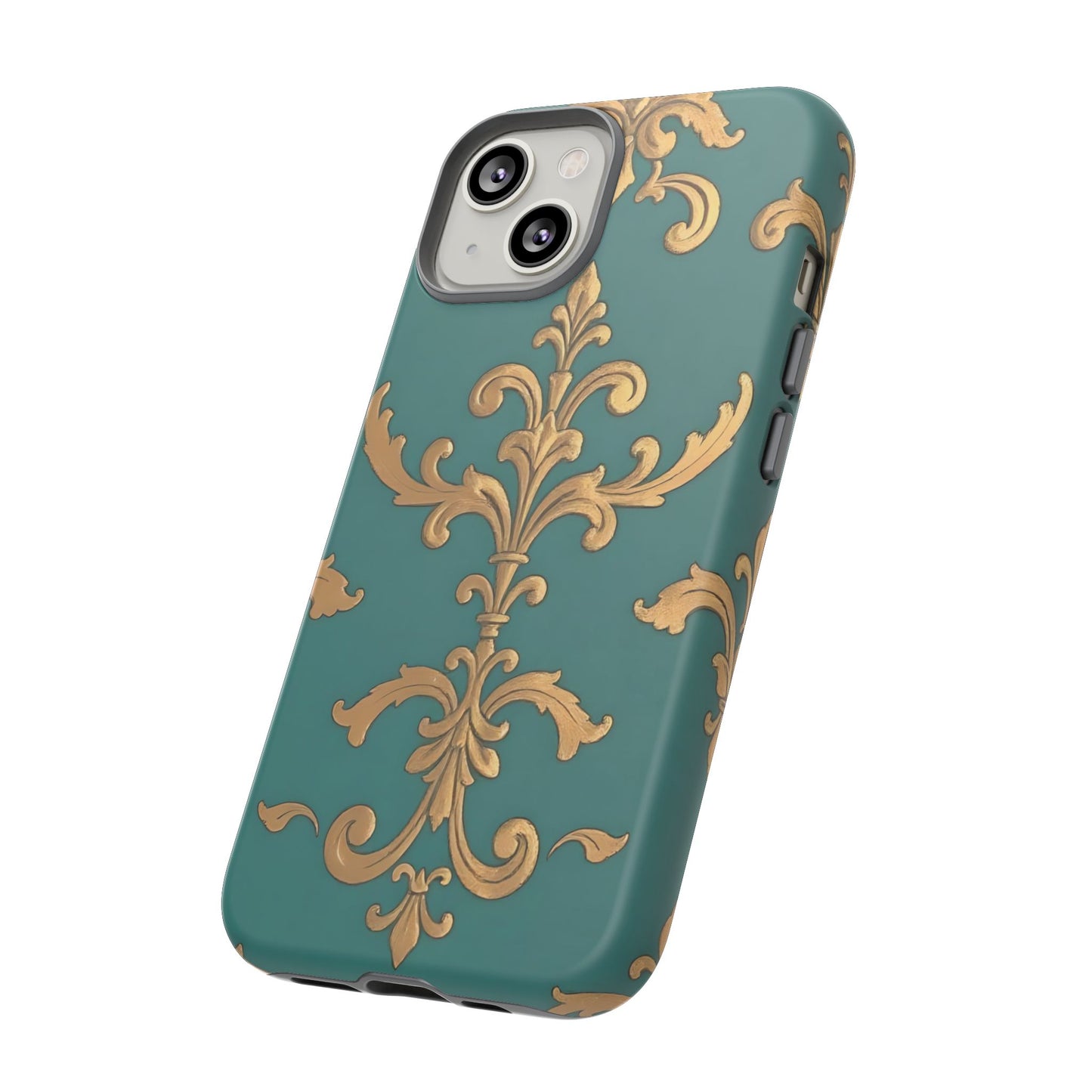 Elegant Floral Motif Phone Case - Tough Cases with Vintage Design - Aqua & Gold Damask