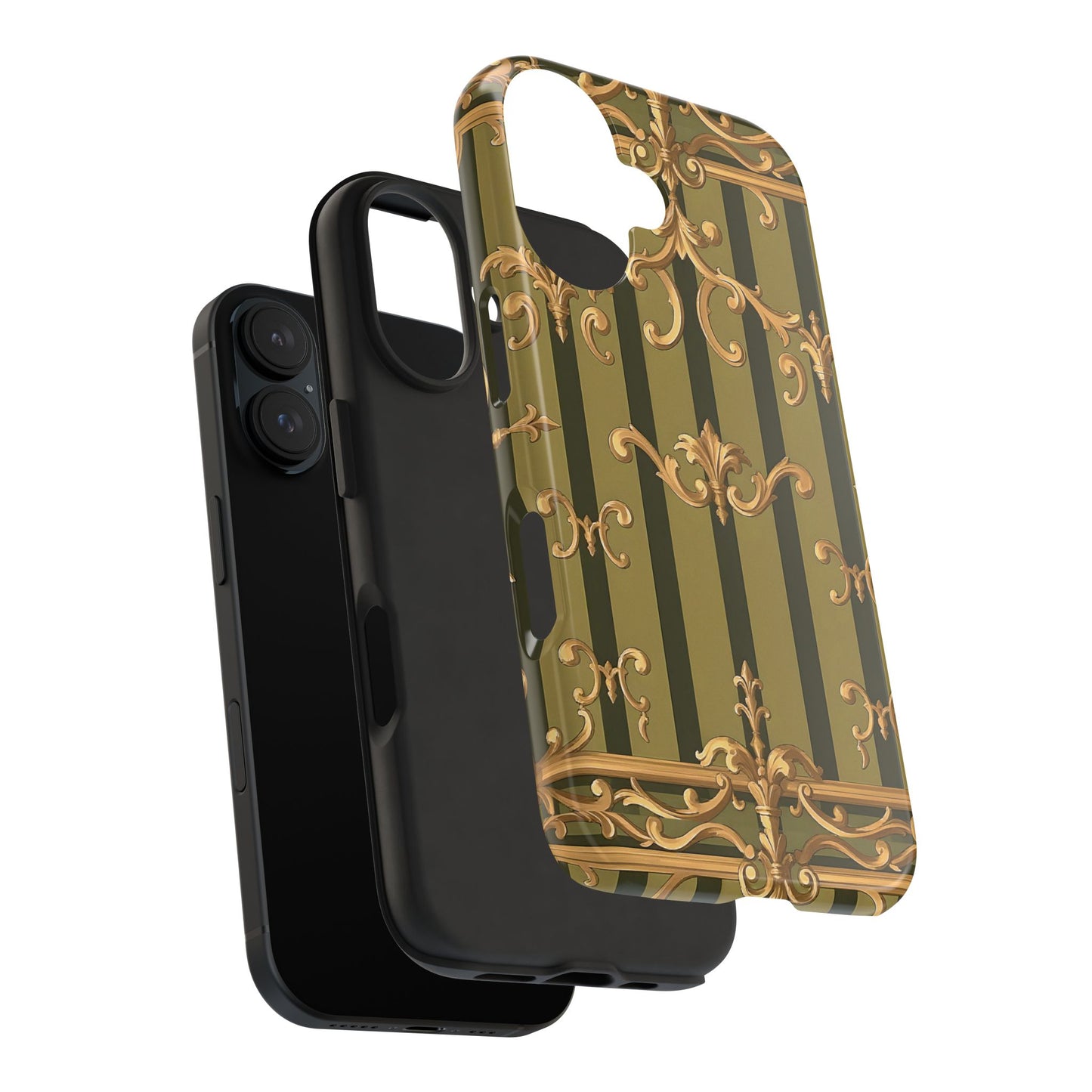 Elegant Vintage Phone Case - Tough Protection with Classy Design, Stylish Phone Cover for Fashion Lovers - Olive Green Striped Rococo
