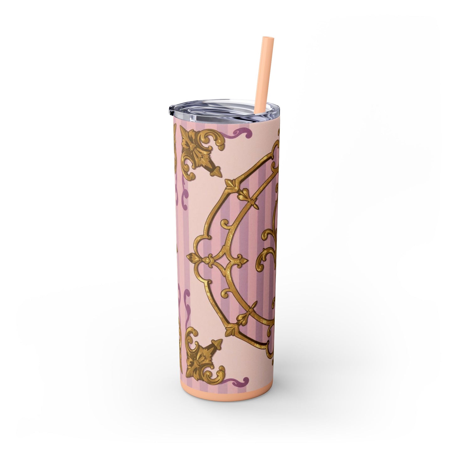 Elegant Lavender & Alabaster Striped Gold Baroque Tumbler - Insulated 20oz Skinny Cup with Straw, Ideal for Gifts, Parties, and Daily Use