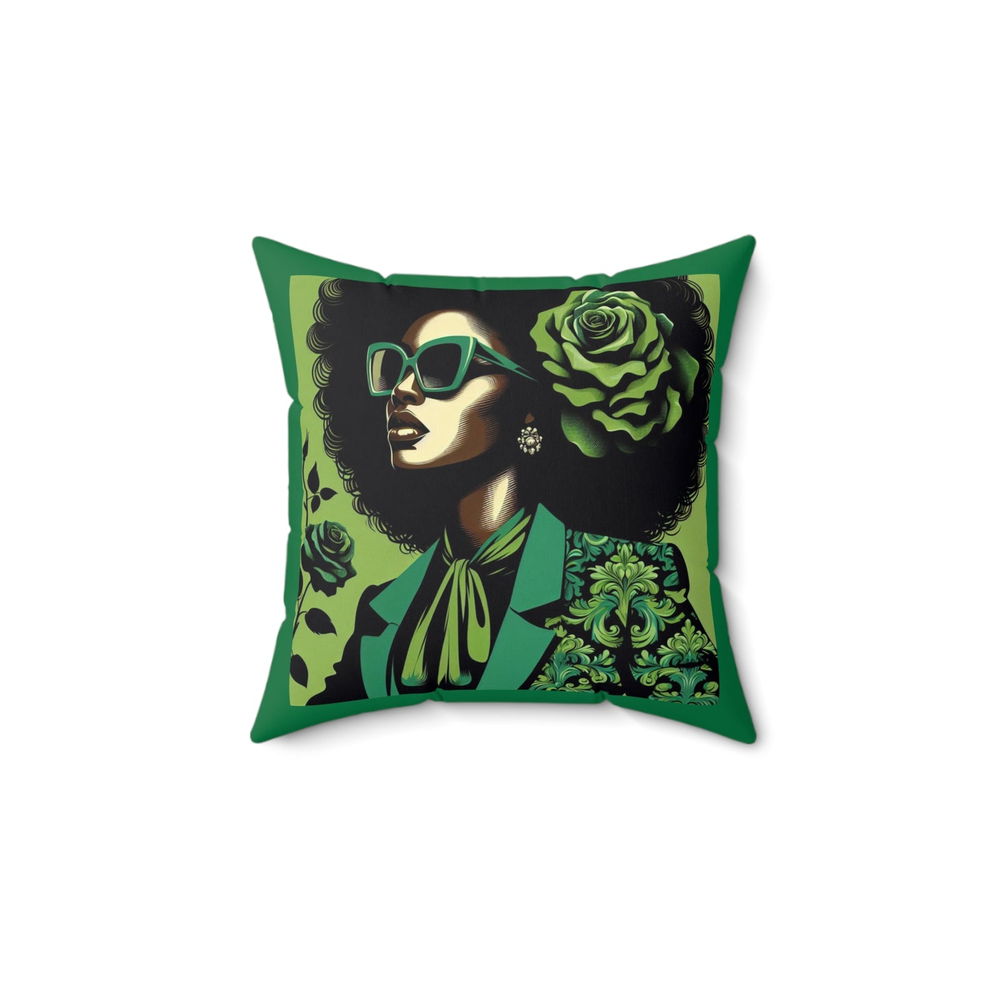 Chic Afrocentric Throw Pillow, Home Decor, Damask Decor, Gift for Her, Afro Art Pillow, Living Room Accent - Lady in Green Damask