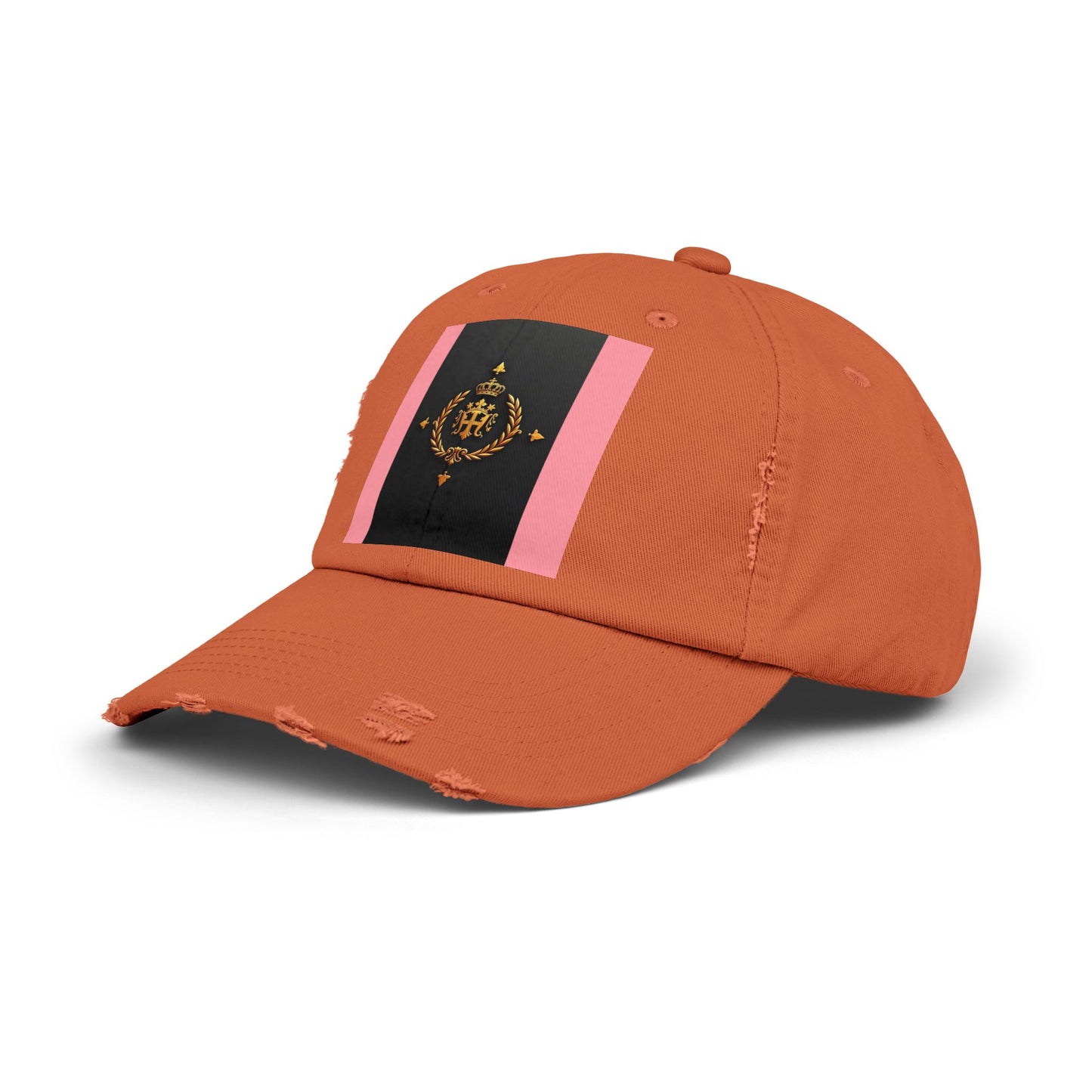 Stylish Unisex Distressed Cap with Trendy Design, Casual Accessories for Everyday Wear, Fashion Statement Cap - Pink Striped Gold Crest