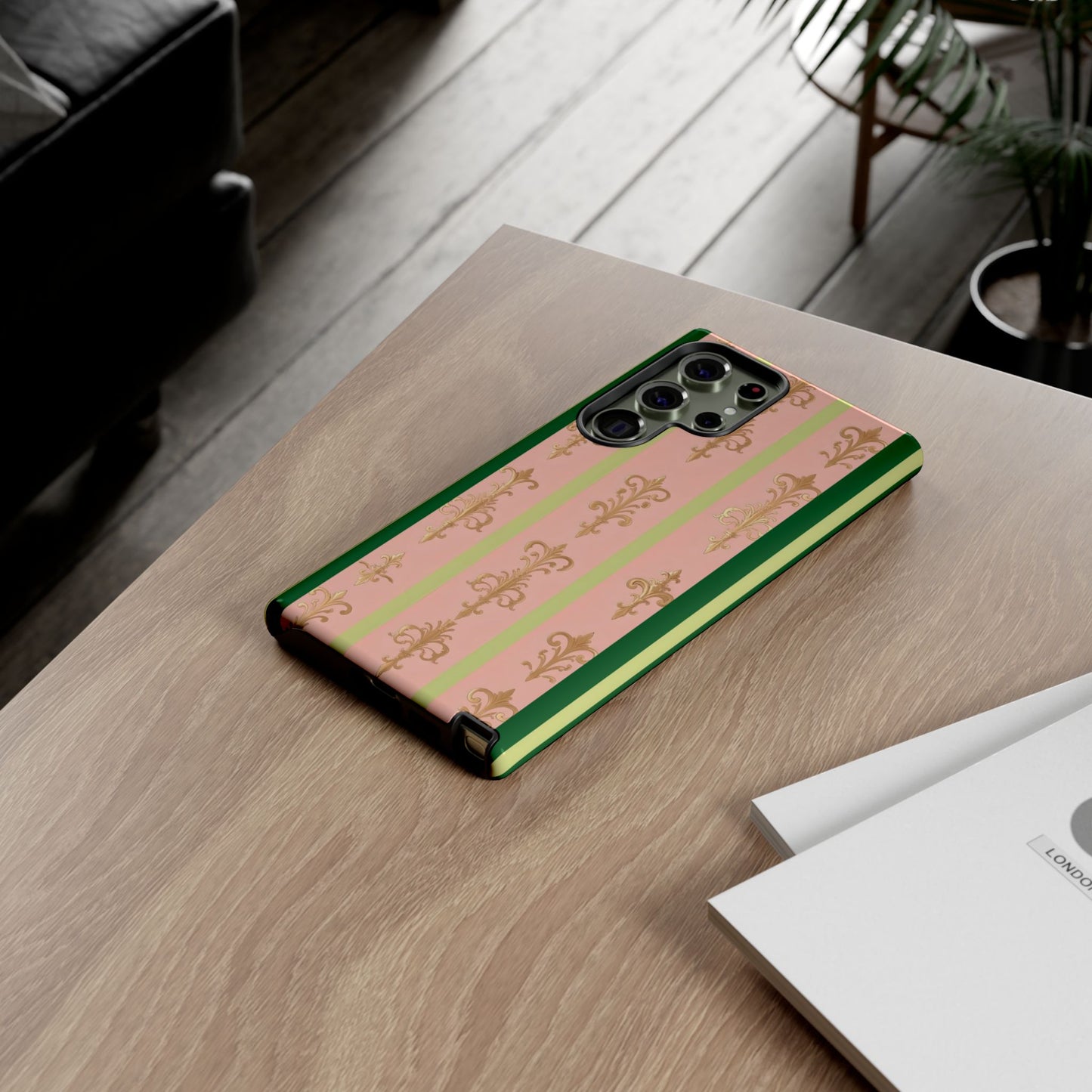Elegant Floral Motif Phone Case - Tough Cases with Vintage Design - Lime Green & Pink Striped Damask
