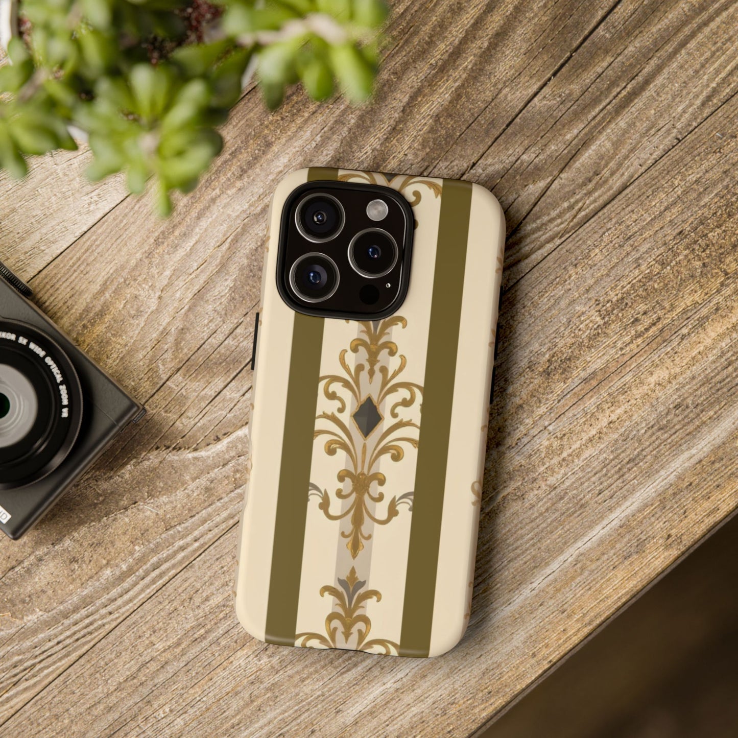 Elegant Floral Motif Phone Case - Tough Cases with Vintage Design - Olive Striped Gold Damask