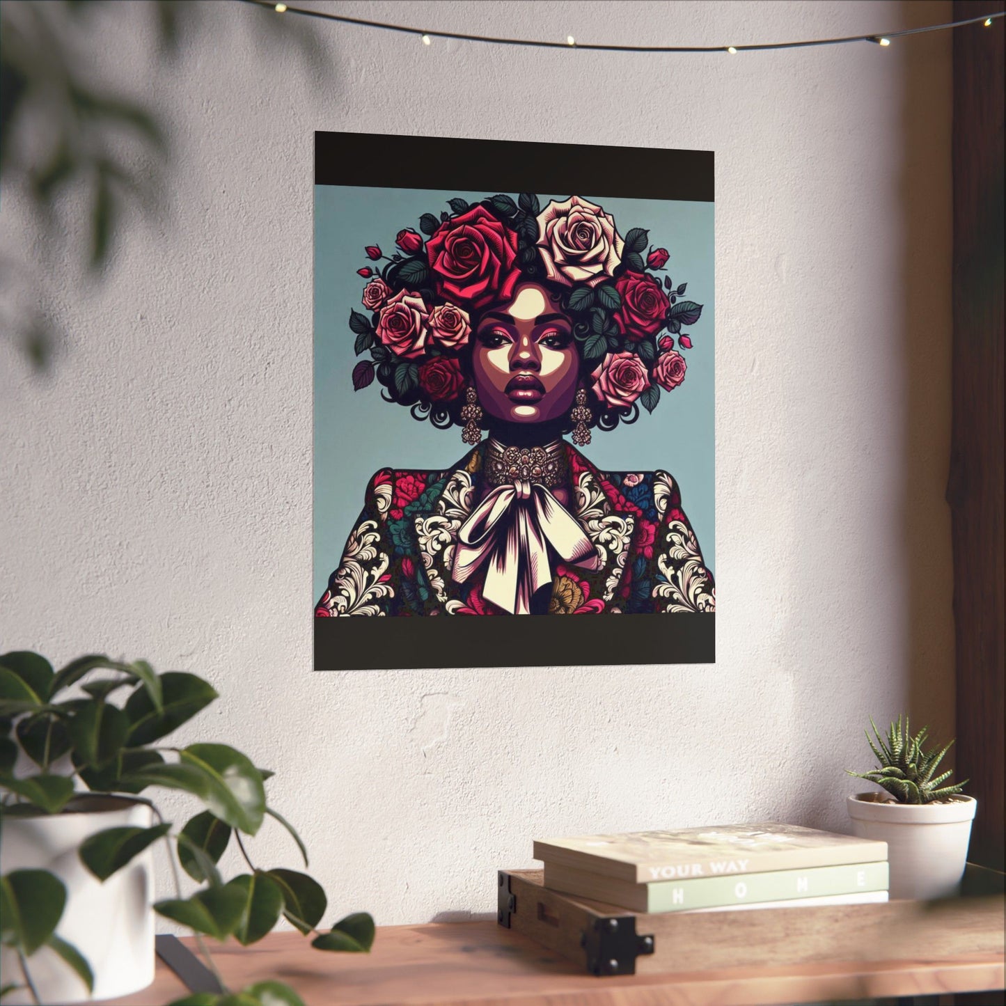 Floral Afro Art Poster - Elegant Matte Vertical Wall Decor - Lady In Damask Suit & Roses