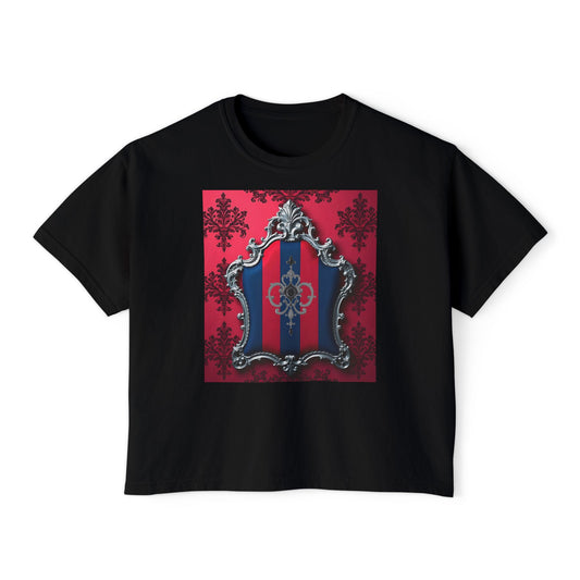 Vintage-Inspired Women's Boxy Tee, Retro Graphic Top, Casual Summer Shirt, Trendy Fashion Tee, Gift for Her - Blue & Red Striped Silver Crest