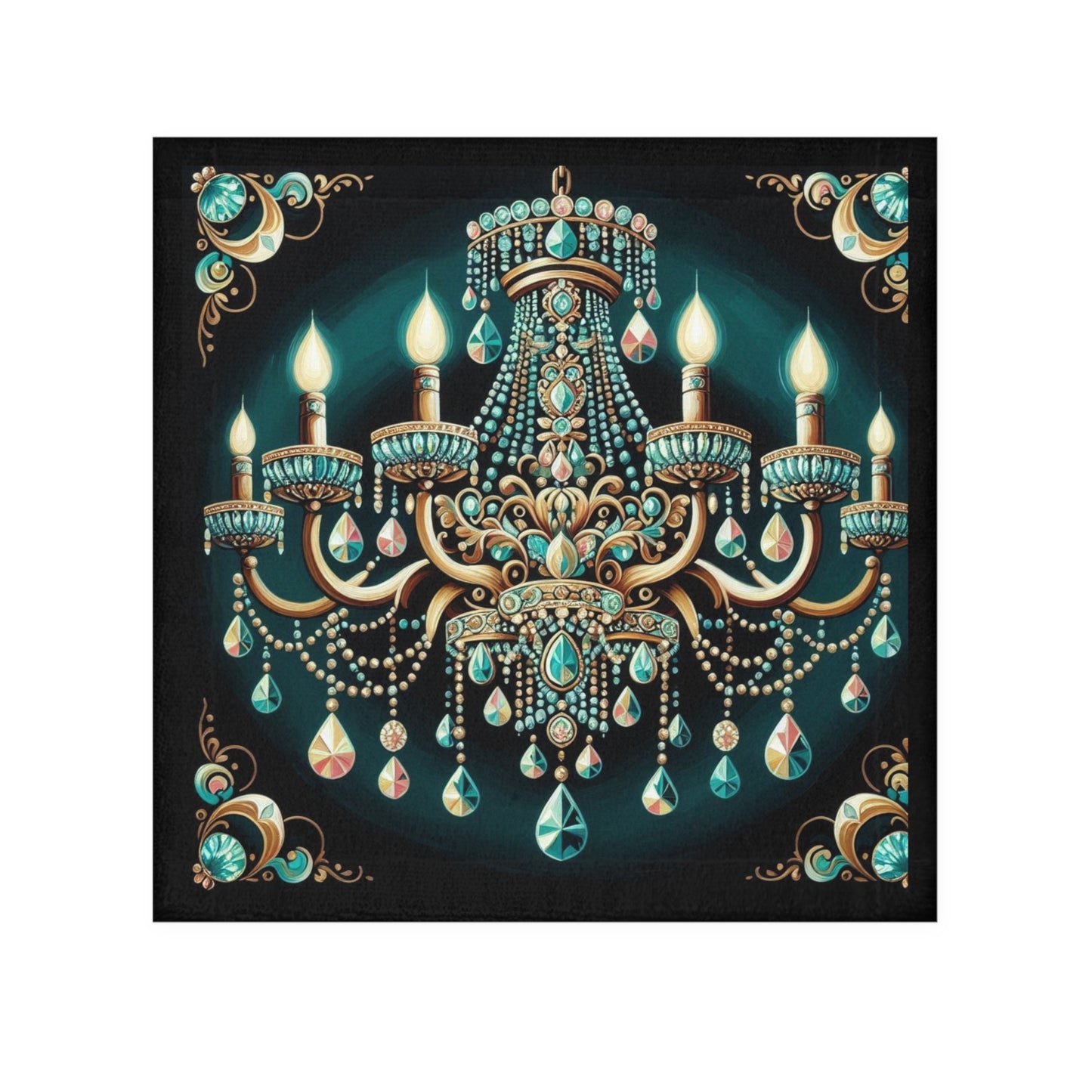 Chic Chandelier Face Towel | Elegant Bathroom Decor, Gift for Homeowners, Housewarming, Wedding, Spa Use - Teal Jeweled Chandelier