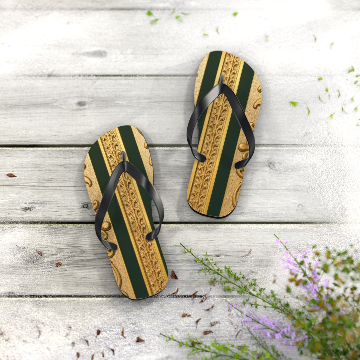 Elegant Teal Striped Gold Baroque Flip Flops, Summer Sandals, Beach Footwear, Vacation Essentials, Stylish Slippers, Poolside Accessories