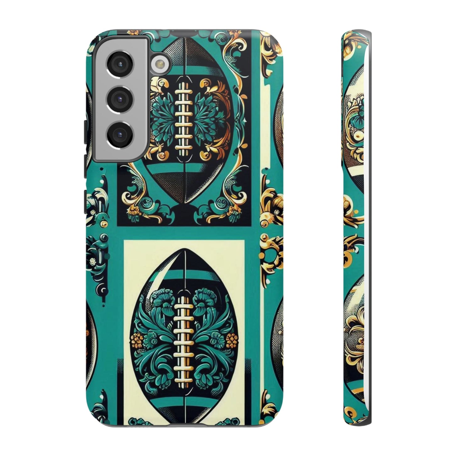 Elegant Floral Motif Phone Case - Tough Cases with Vintage Design -  Damask Teal, Gold & Black Footballs