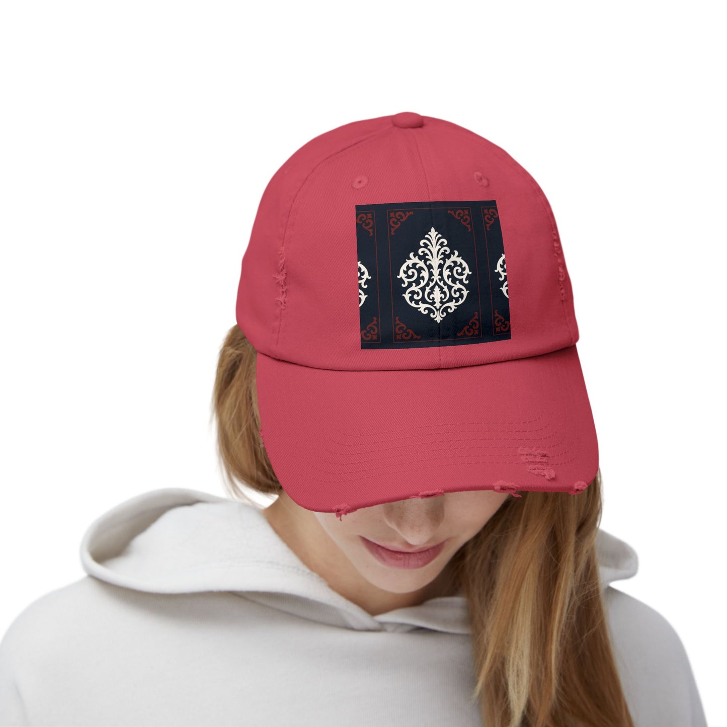 Dusk Blue & Maroon-White Baroque Distressed Cap with Ornamental Medallion Patch