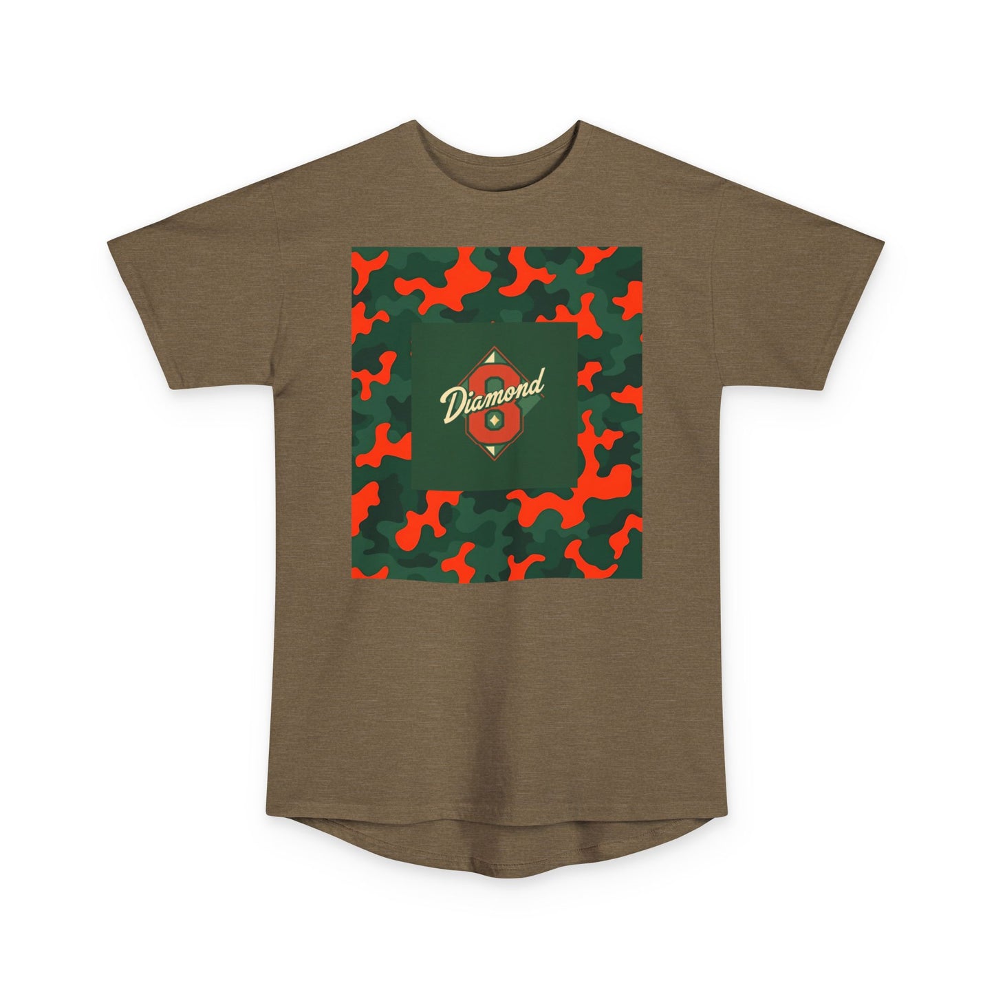 Urban Camo Long Body Tee, Trendy Streetwear, Summer Fashion Top, Unisex Casual Shirt, Gift for Him/Her - Green & Orange Camo Diamond 8