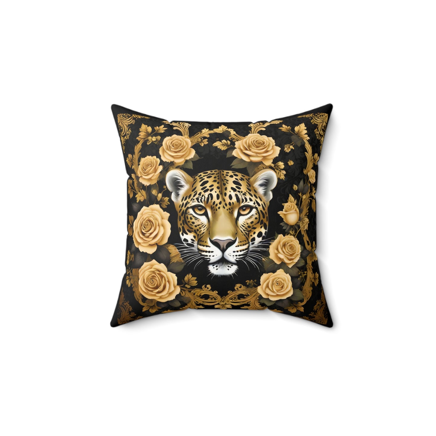 Luxury Leopard Print Faux Suede Square Pillow with Gold Roses | Elegant Home Decor - Gold Leopard