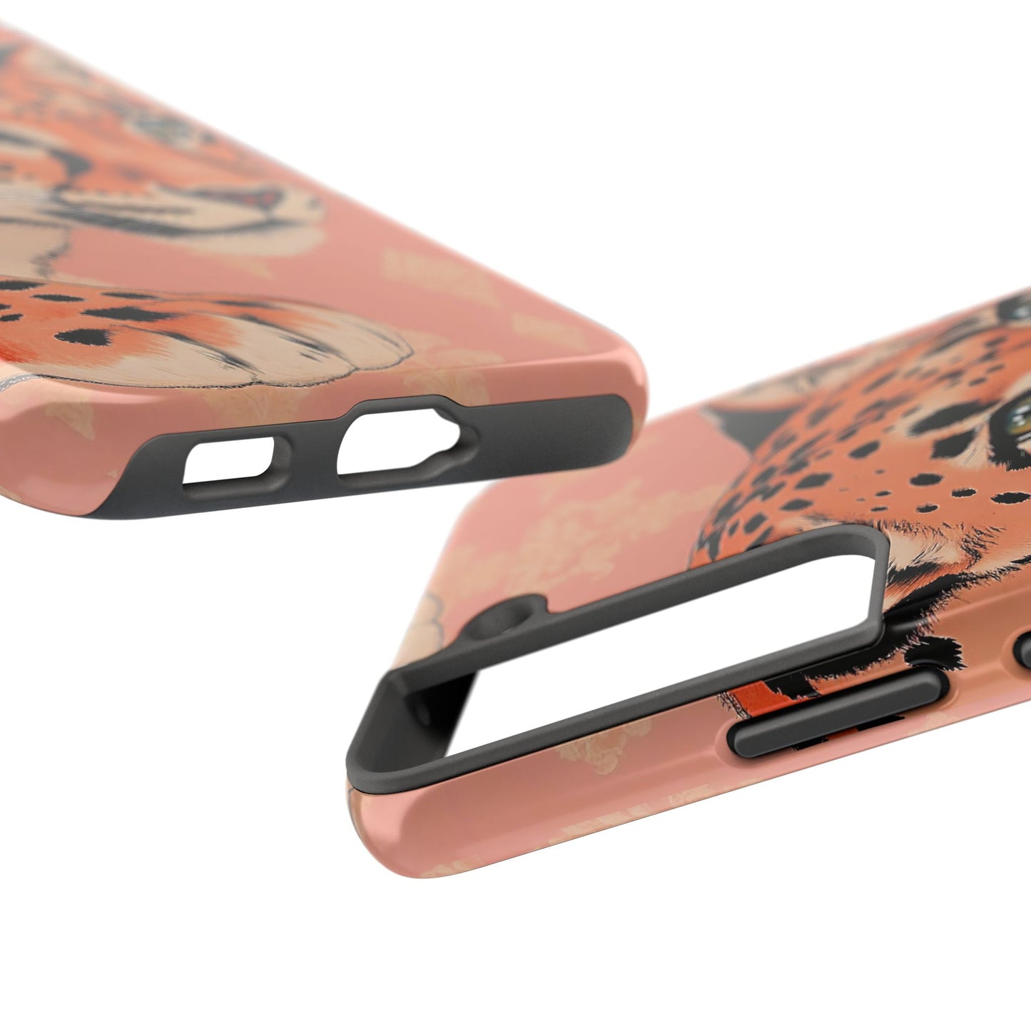 Leopard Tough Phone Case - Trendy Floral Motif Design for Animal Lovers - Peach Leopard & Damask