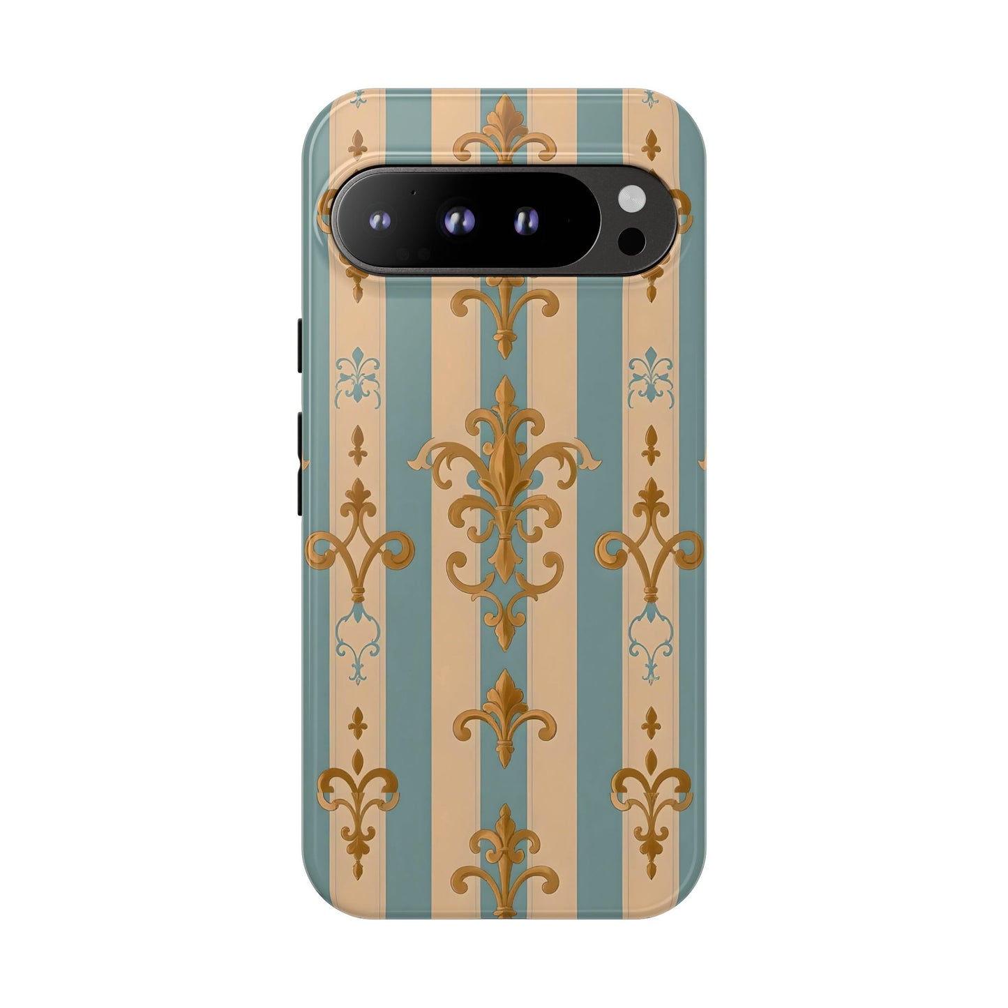 Elegant Floral Motif Phone Case - Tough Cases with Vintage Design -  Beige & Sky Blue Striped Gold Damask