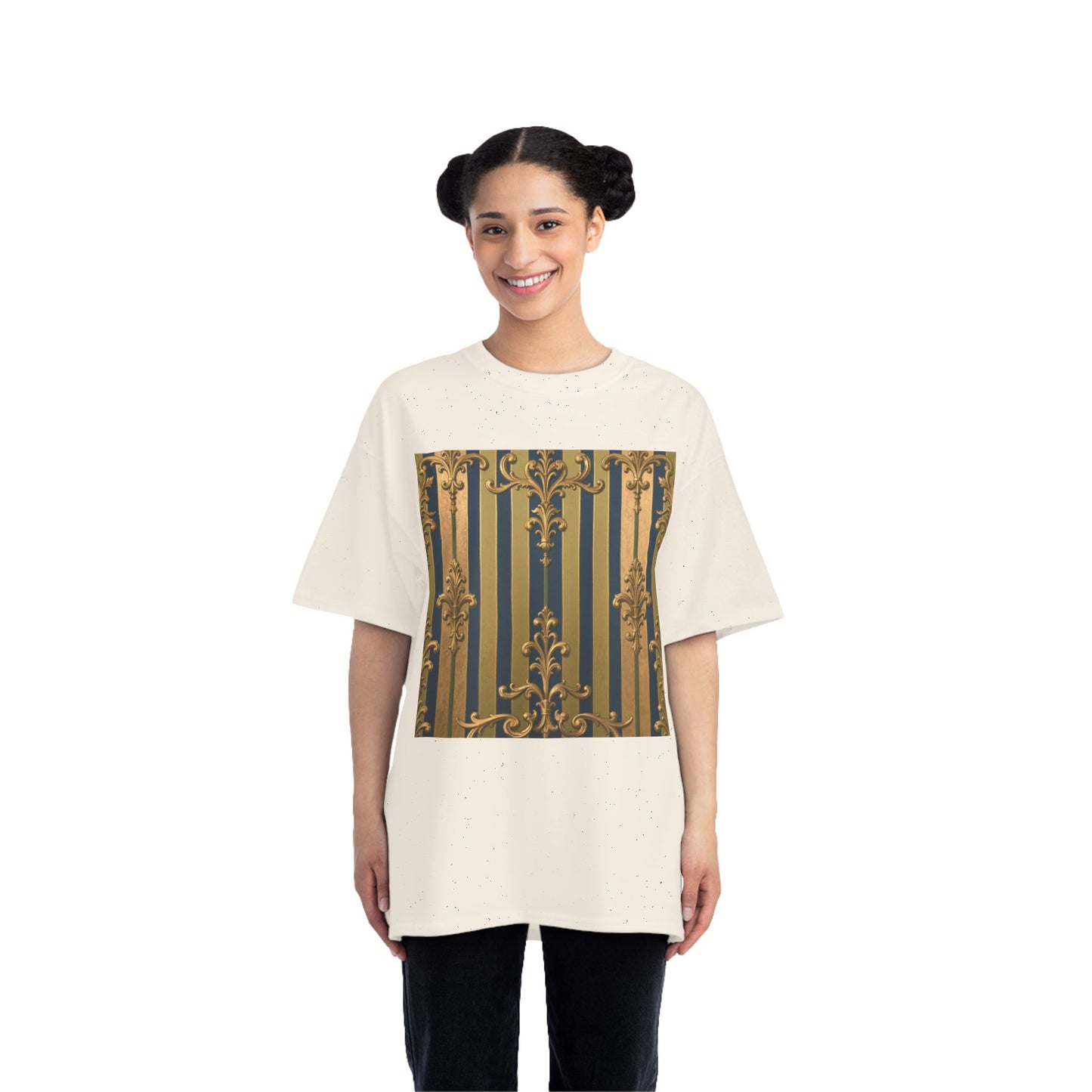 Elegant Midnight Blue & Olive Striped Gold Baroque Short-Sleeve Unisex T-Shirt, Vintage Fashion Tee, Casual Summer Top