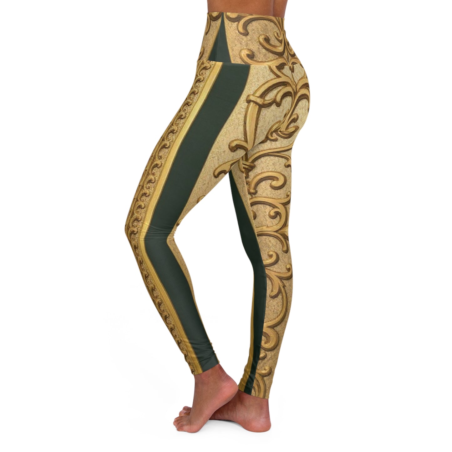 Ornate Teal Striped Gold Baroque High Waisted Yoga Leggings, Workout Pants, Activewear, Fitness Gear, Fashion Leggings, Gift for Yoga Lovers