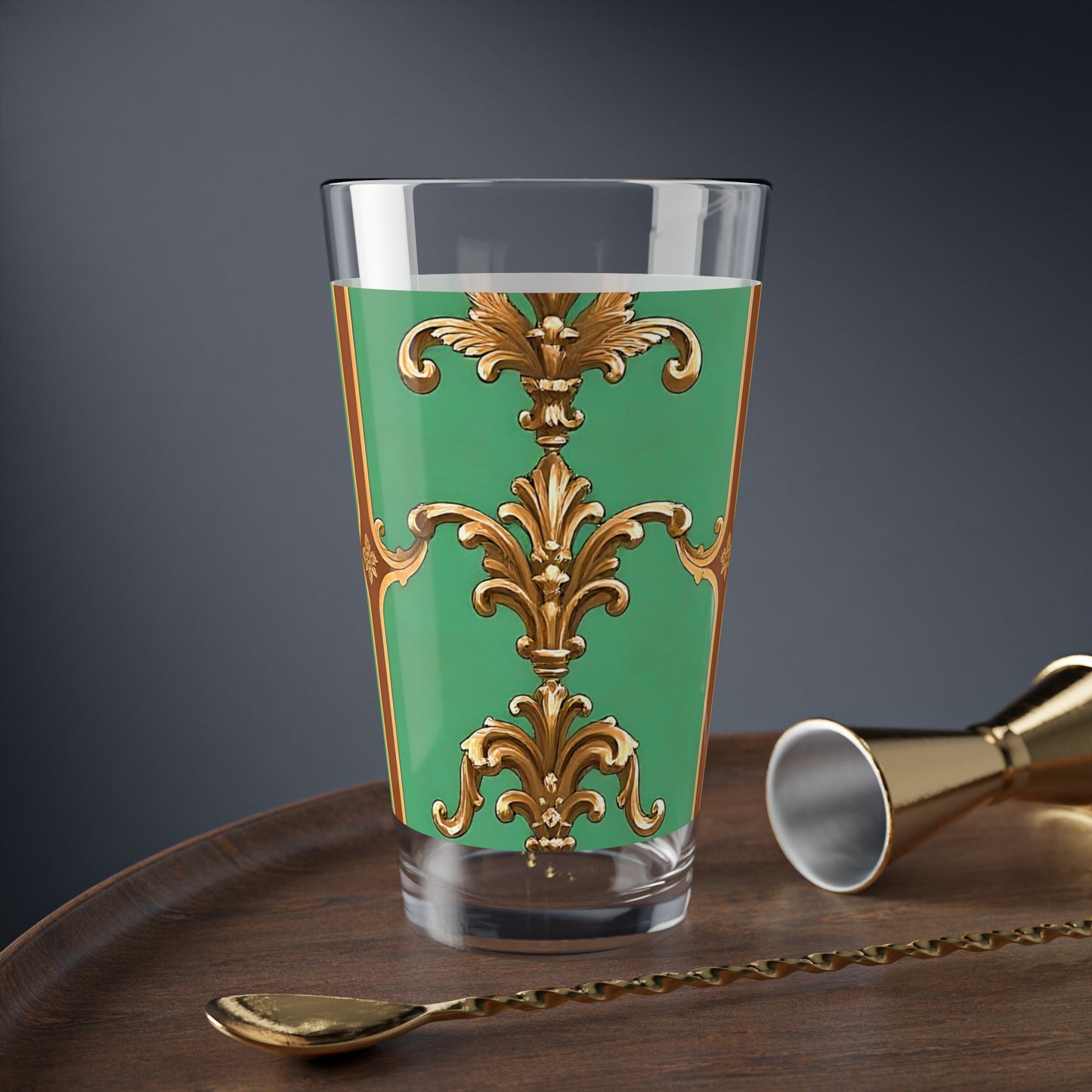 Elegant Decorative Mixing Glass - 16oz Green & Gold Design - Rust & Green Striped Baroque
