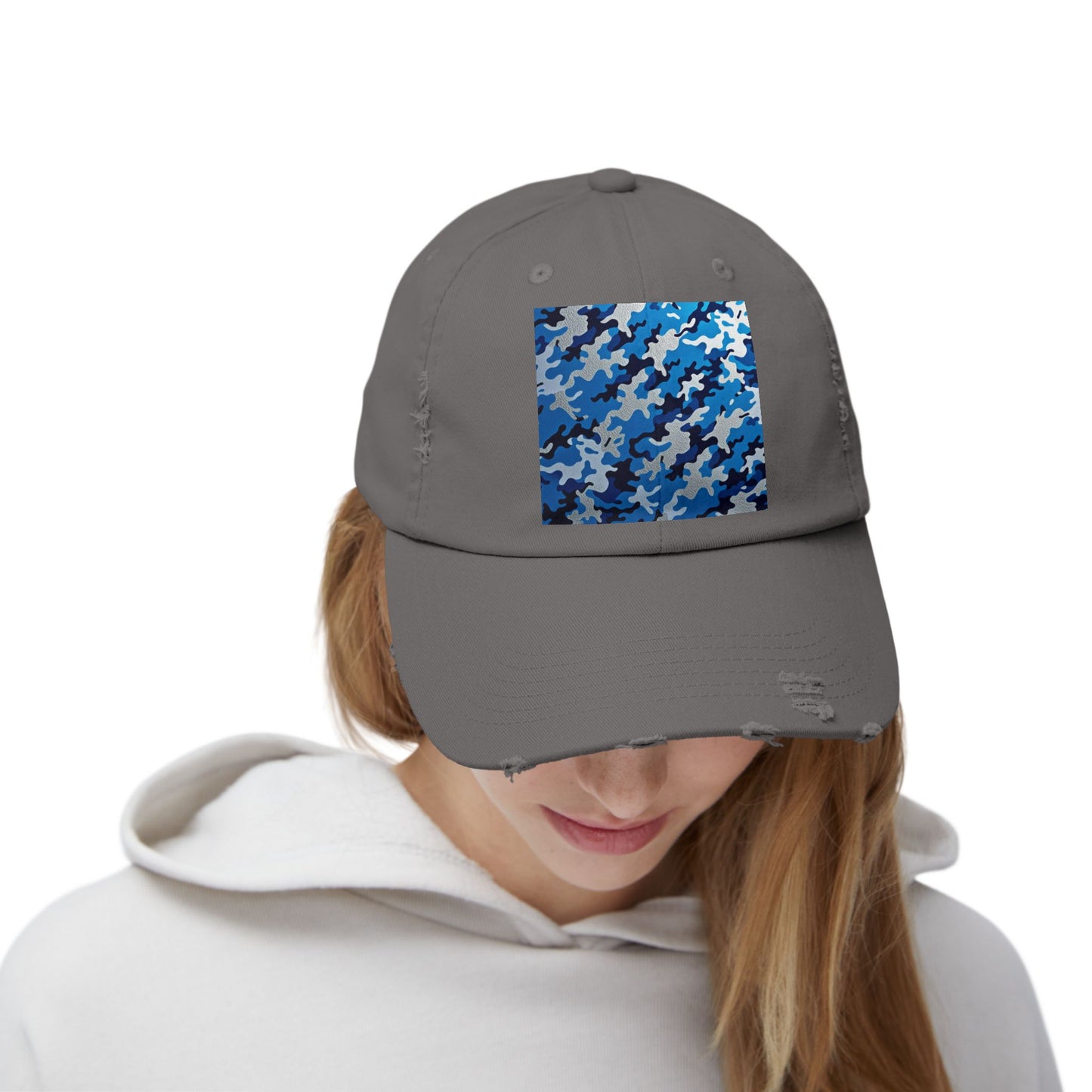 Stylish Unisex Distressed Cap, Casual Summer Hat, Trendy Gift for Him/Her, Comfortable Everyday Accessory - Blue Camo