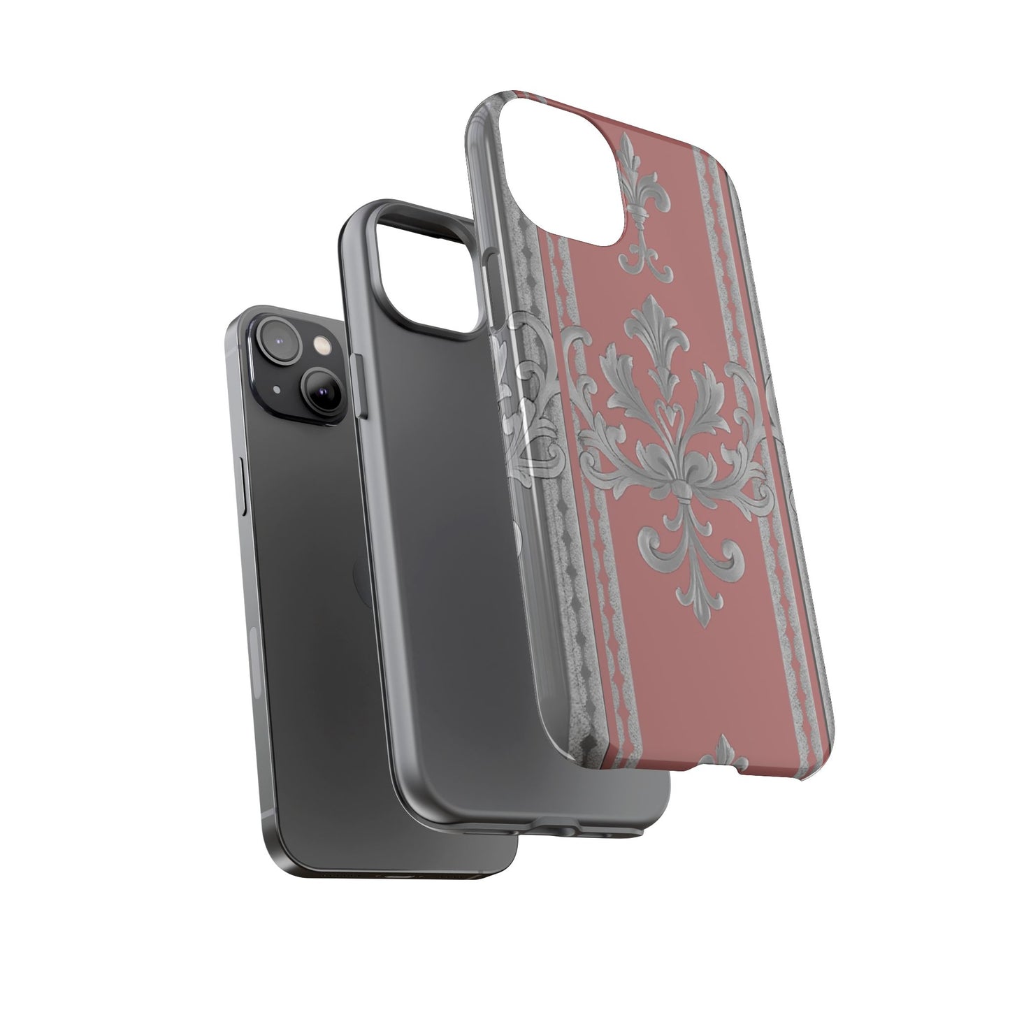 Elegant Floral Phone Case - Tough Cases for Stylish Protection - Gray & Mauve Striped Baroque