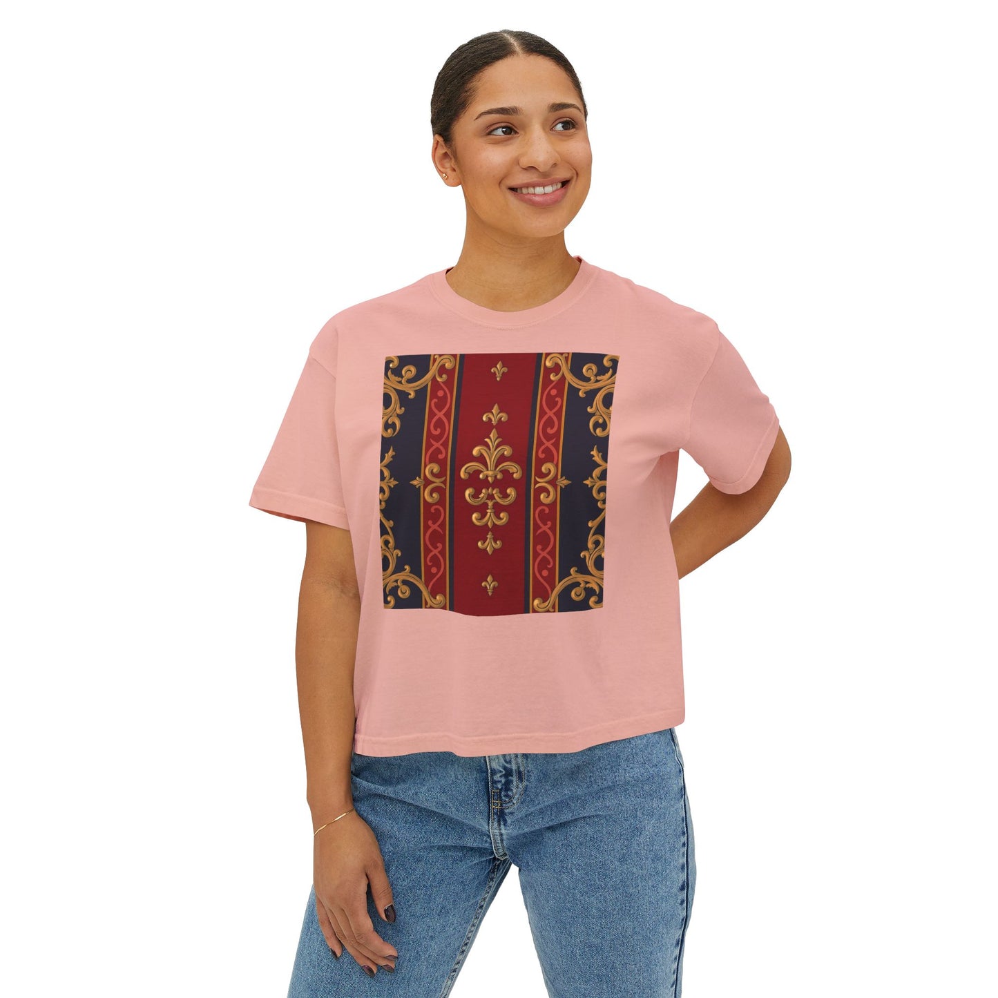 Elegant Floral Boxy Tee, Casual Women’s T-Shirt, Vintage Inspired Top, Everyday Fashion, Gift for Her - Midnight Blue & Dusk Red Gold Baroque
