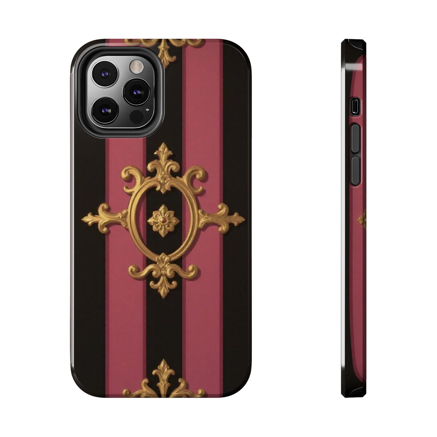 Elegant Black & Mauve Striped Gold Baroque Tough Phone Cases, Luxe Phone Covers, Fashionable Mobile Cases, Gift for Her, Holiday Phone Accessories