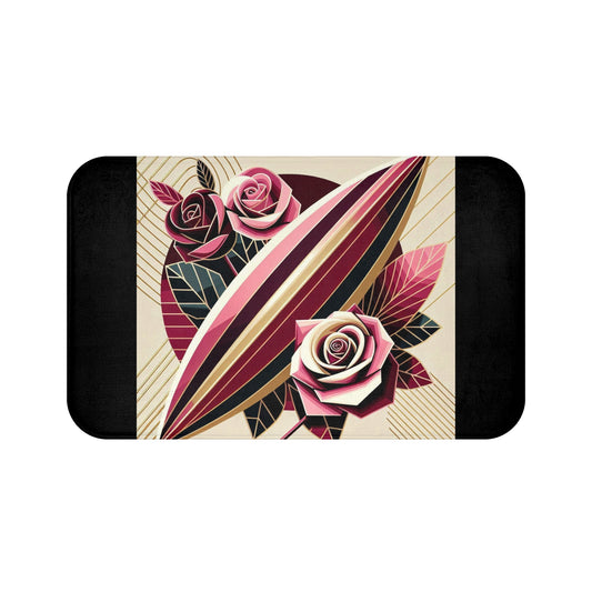 Vintage Floral Bath Mat - Stylish Home Decor for Relaxation - Pink & Burgundy Striped Surfboard & Roses Design