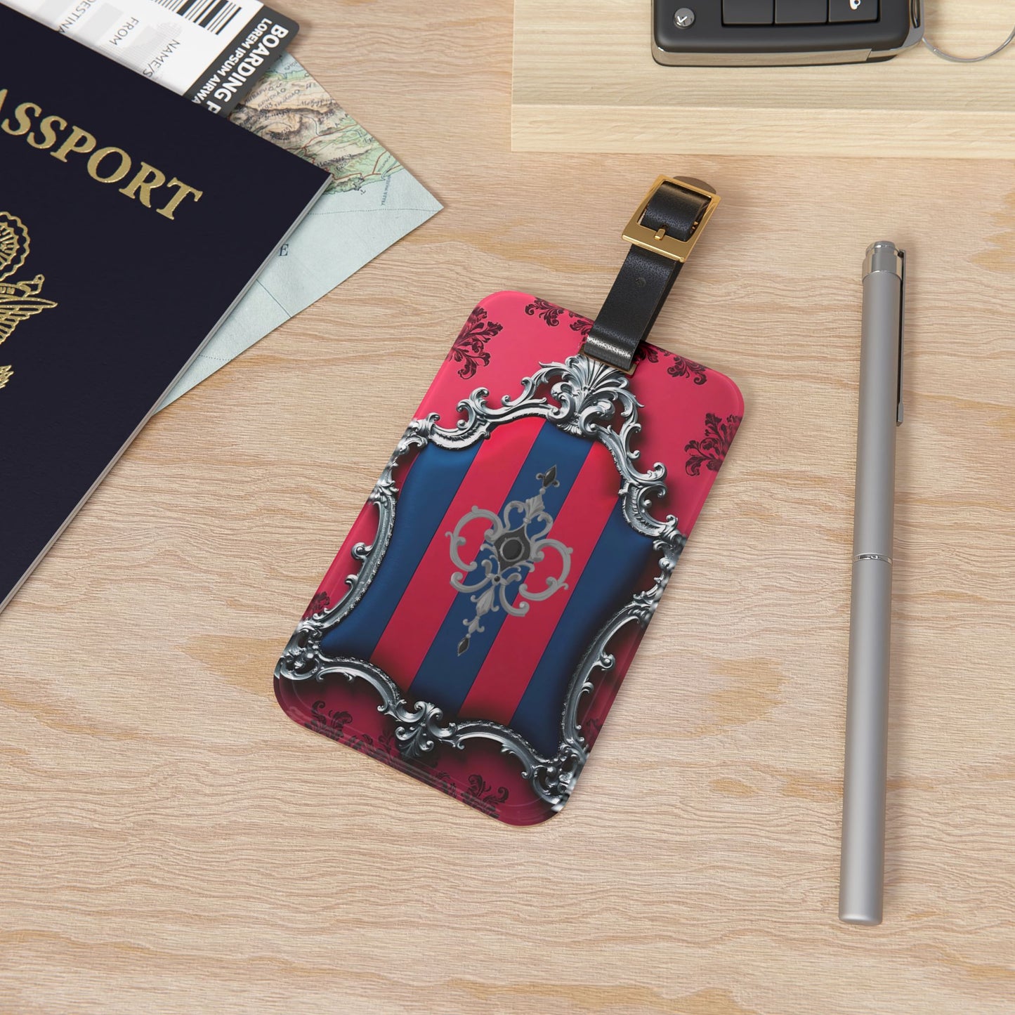 Chic Vintage Luggage Tag, Travel Accessory, Personalized Baggage Tag, Stylish Travel Gift, Elegant Suitcase Identifier - Blue & Red Striped Silver Crest