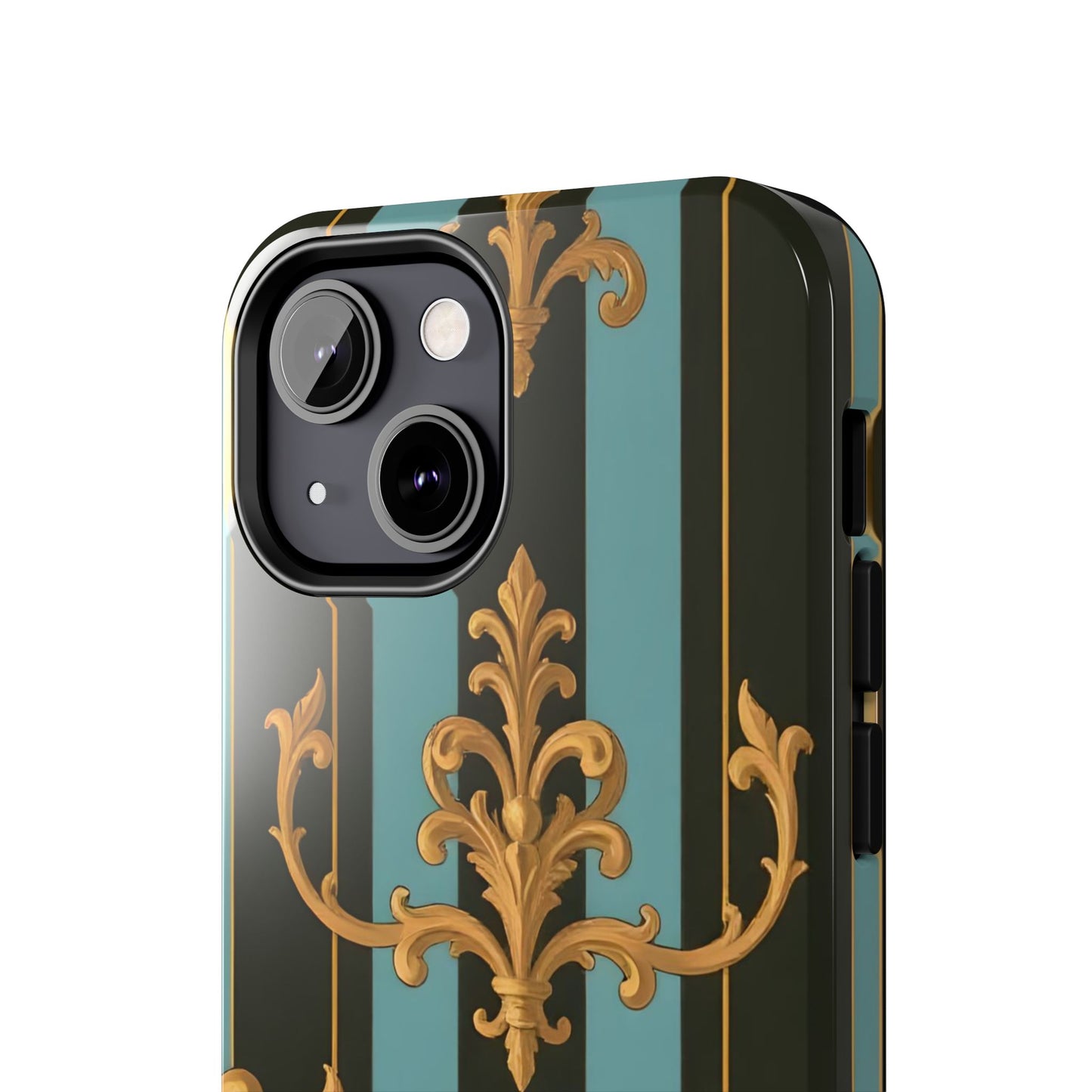 Elegant Baroque Tough Phone Case, Stylish Phone Cover, Durable iPhone Case, Unique Gift - Black & Turquoise Striped Baroque