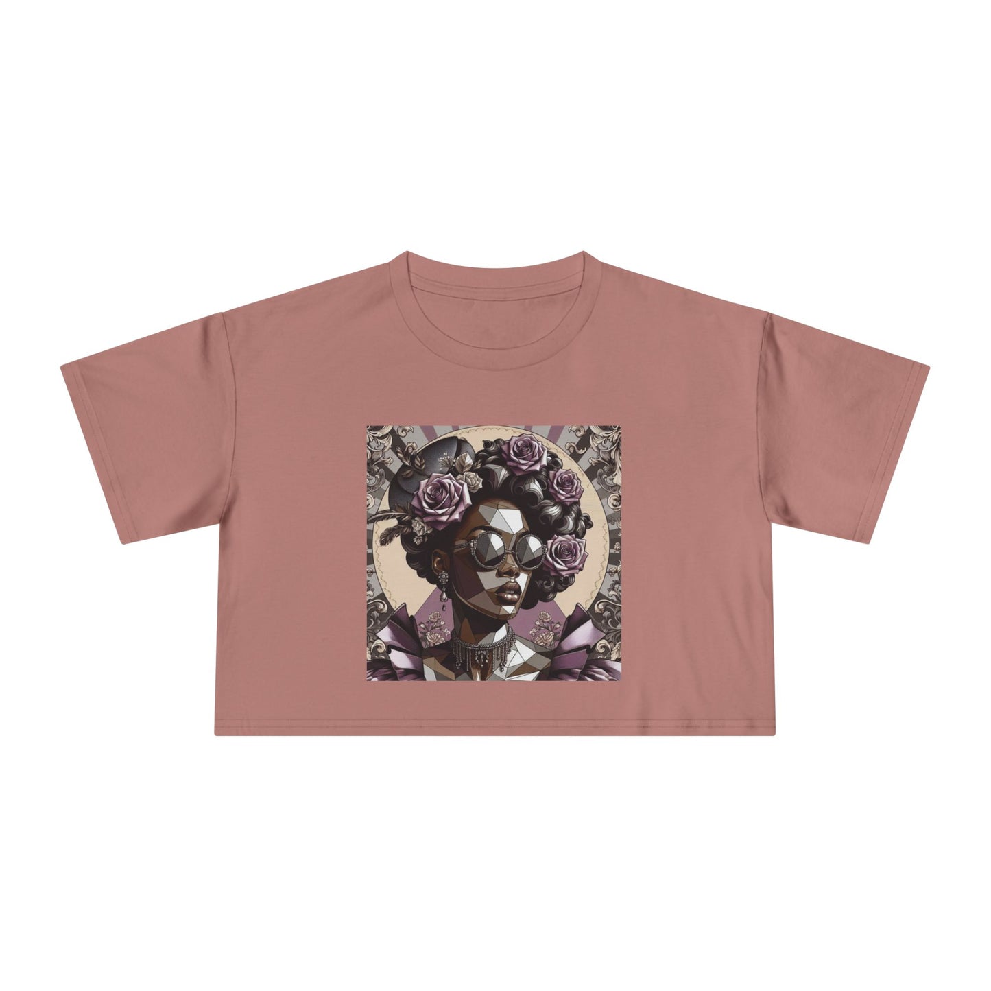 Poly Art Chic Women's Crop Tee - Floral Art Inspired Shirt, Casual Summer Wear, Festival Top, Vintage Style - Lilac Baroque Lady
