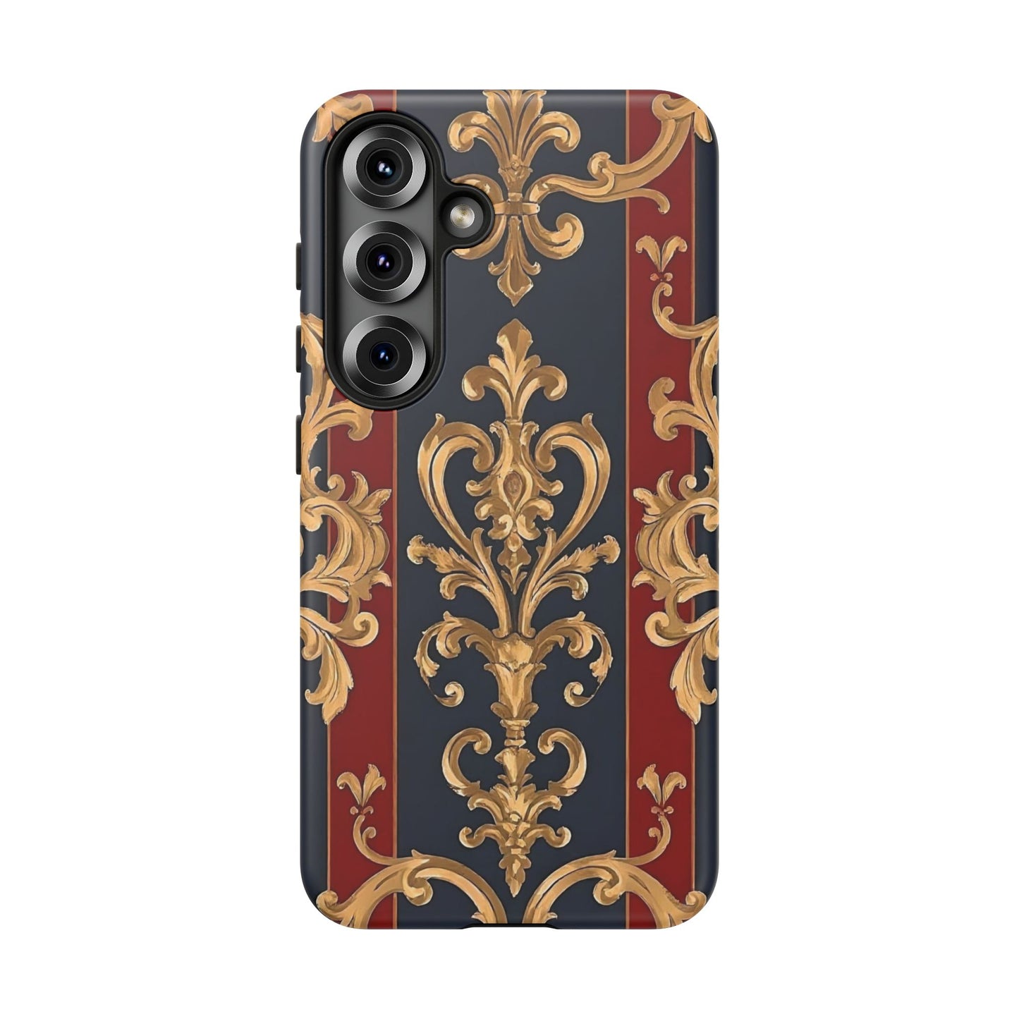 Elegant Floral Motif Phone Case - Tough Cases with Vintage Design - Midnight Blue & Dusk Red Striped Gold Damask