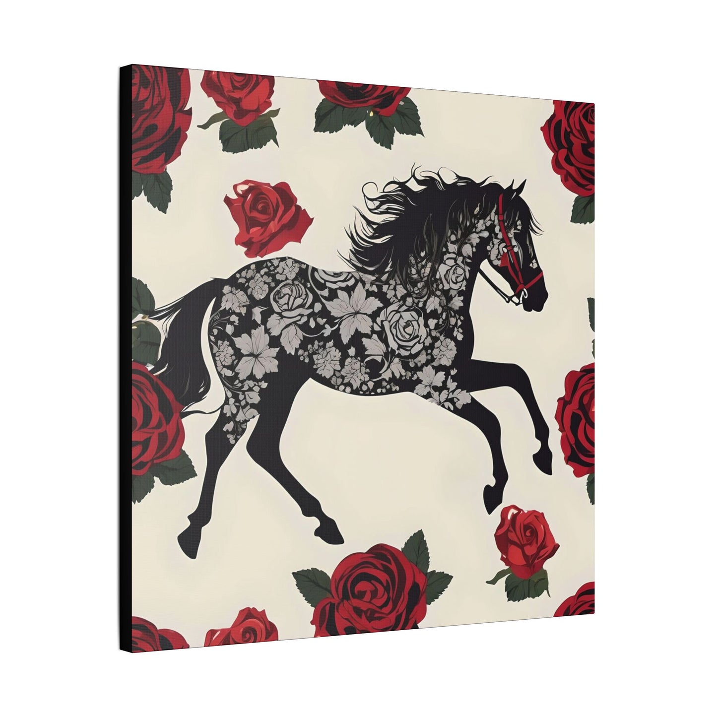 Art Print Canvas, Wall Decor, Satin Stretched Canvas, Equestrian Art, Office Decor, Home Decor - Horse & Roses