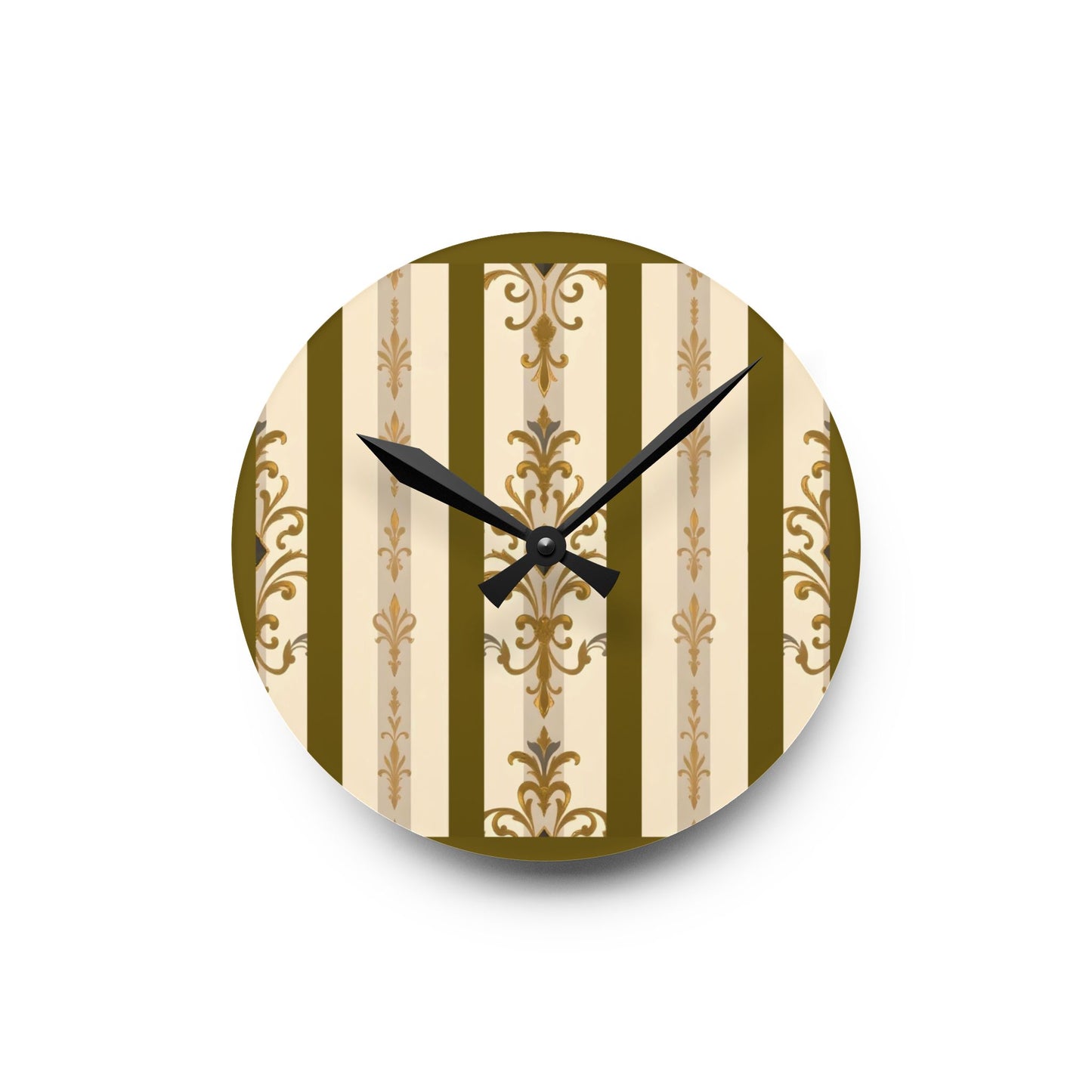 Bohemian Damask-Inspired Acrylic Wall Clock with Floral Design - Olive Striped Gold Damask