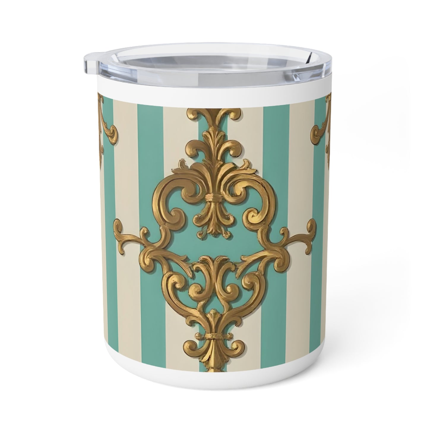 Chic Insulated Coffee Mug | Elegant Patterned Travel Cup, Tea Mug, Vintage Style Drinkware, Housewarming Gift - Matte Green Striped Rococo