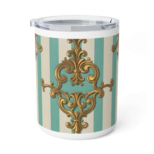 Chic Insulated Coffee Mug | Elegant Patterned Travel Cup, Tea Mug, Vintage Style Drinkware, Housewarming Gift - Matte Green Striped Rococo