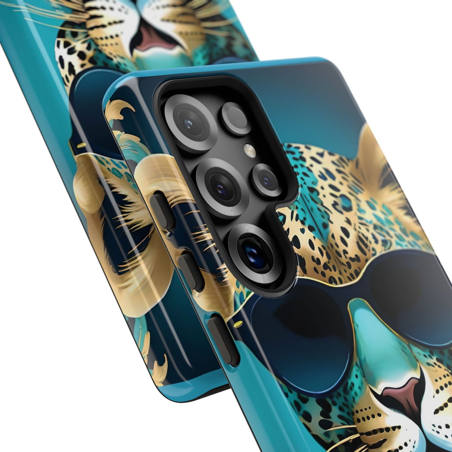 Phone Case - Aqua & Gold Leopard In Sunglasses Design