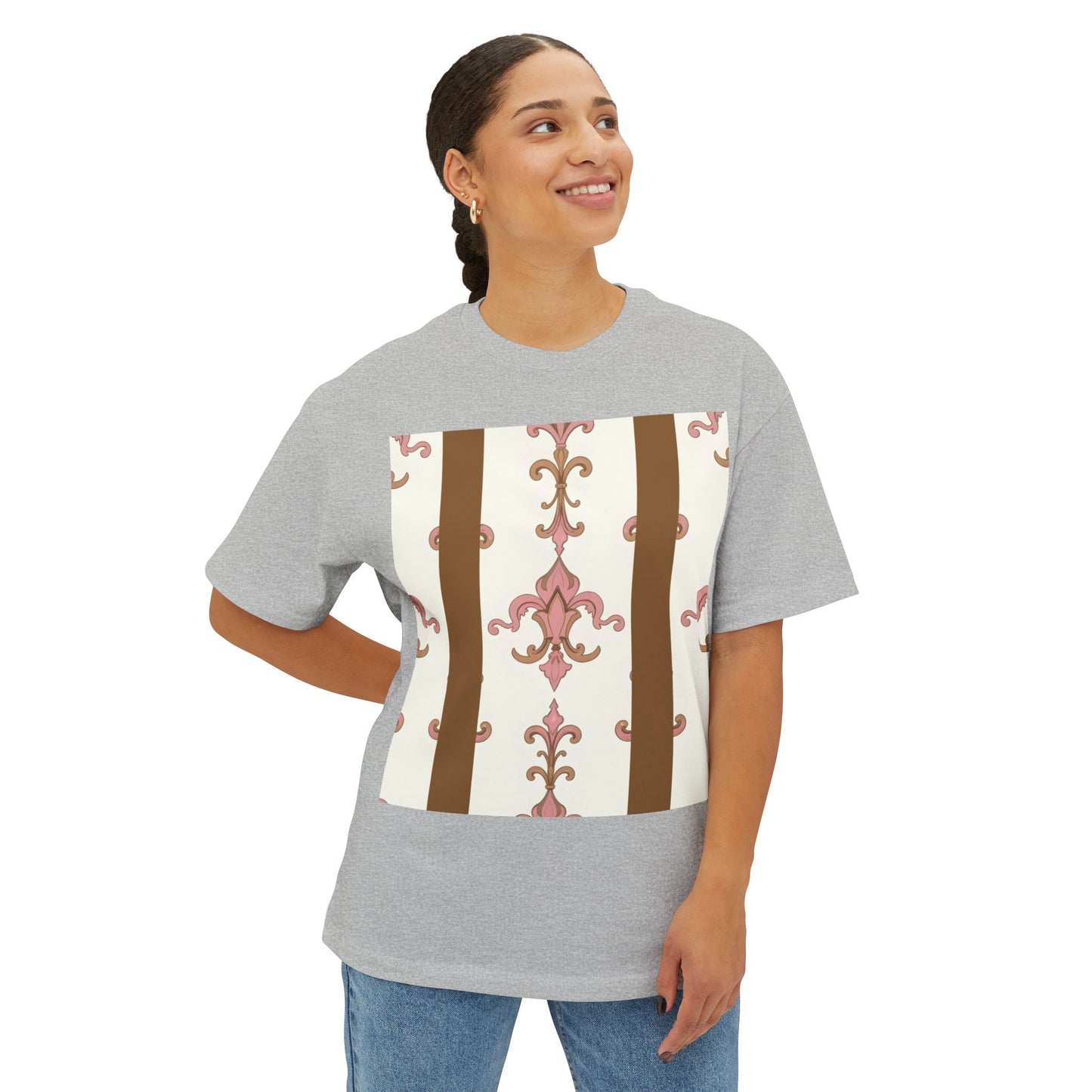 Chic Floral Boxy Tee, Oversized Unisex Tee, Casual Style Shirt, Summer Fashion Top, Gift for Trendsetters - Brown Striped Pink Arabesque