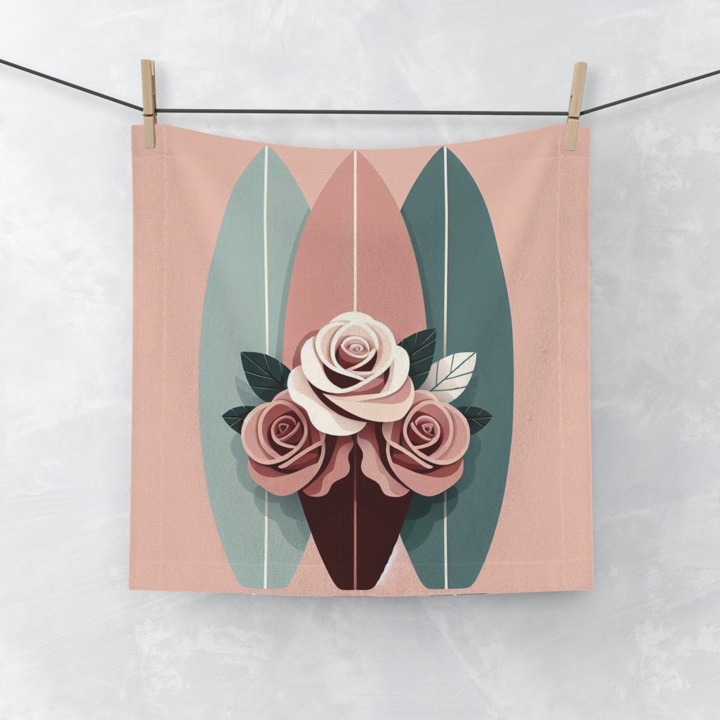 Floral Surf-Inspired Face Towel - Beach Ready Softness - Burgundy, Matte Mauve & Teal Surfboard & Roses Design
