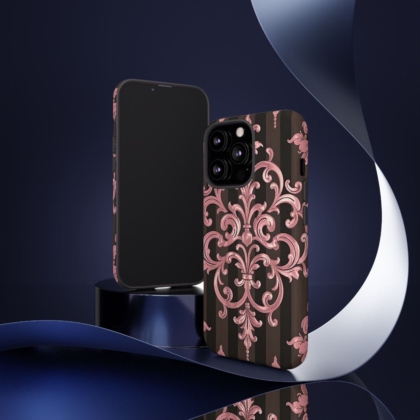 Elegant Floral Motif Phone Case - Tough Cases with Vintage Design - Brown Striped Mauve Damask
