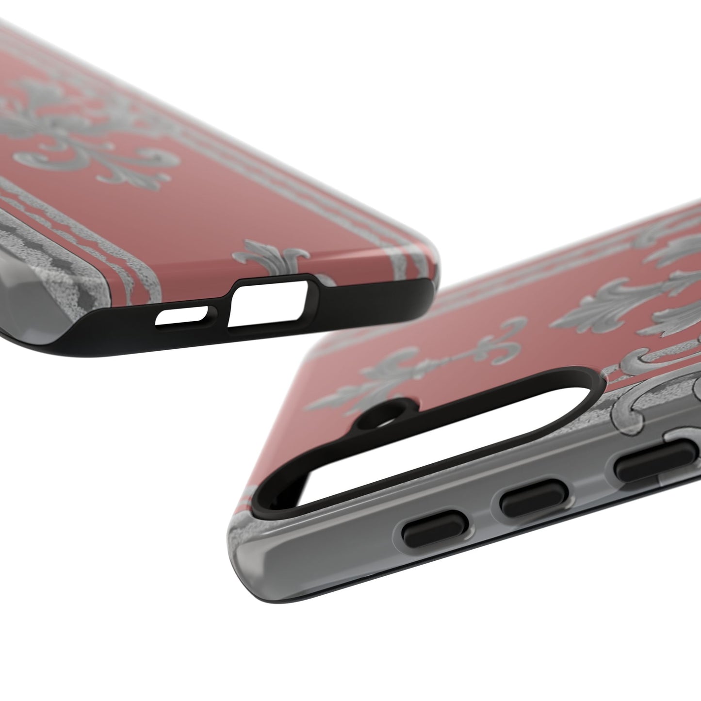 Elegant Floral Phone Case - Tough Cases for Stylish Protection - Gray & Mauve Striped Baroque