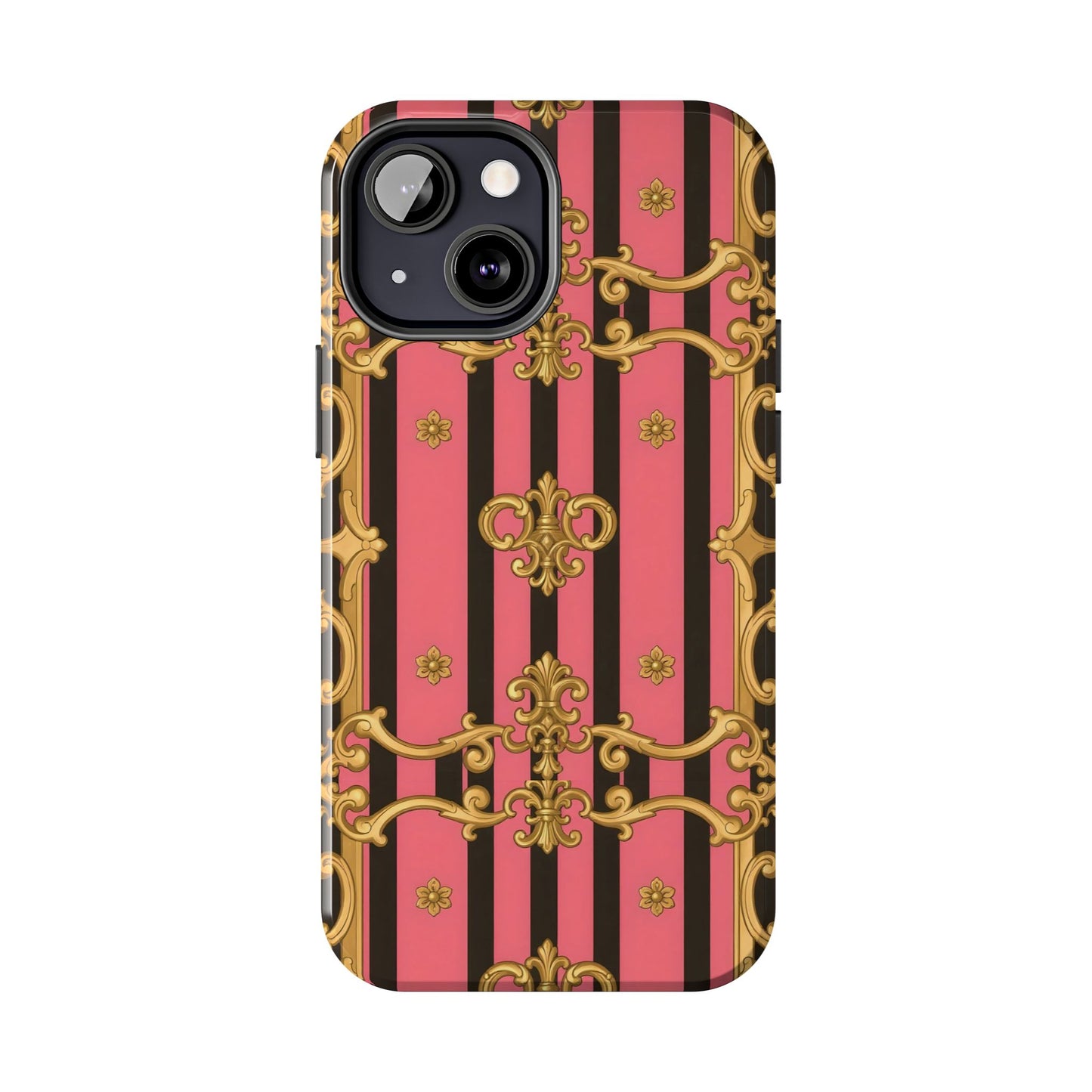 Elegant Baroque Tough Phone Cases, Stylish Protection, Gift for Her, Trendy Accessory - Pink & Black Striped Gold Baroque