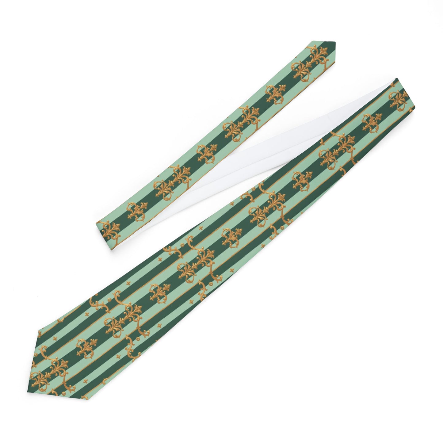Elegant Floral Necktie, Unique Tie for Weddings, Business Meetings, Gifts for Him, Holiday Accessories - Mint Green & Teal Striped Gold Baroque