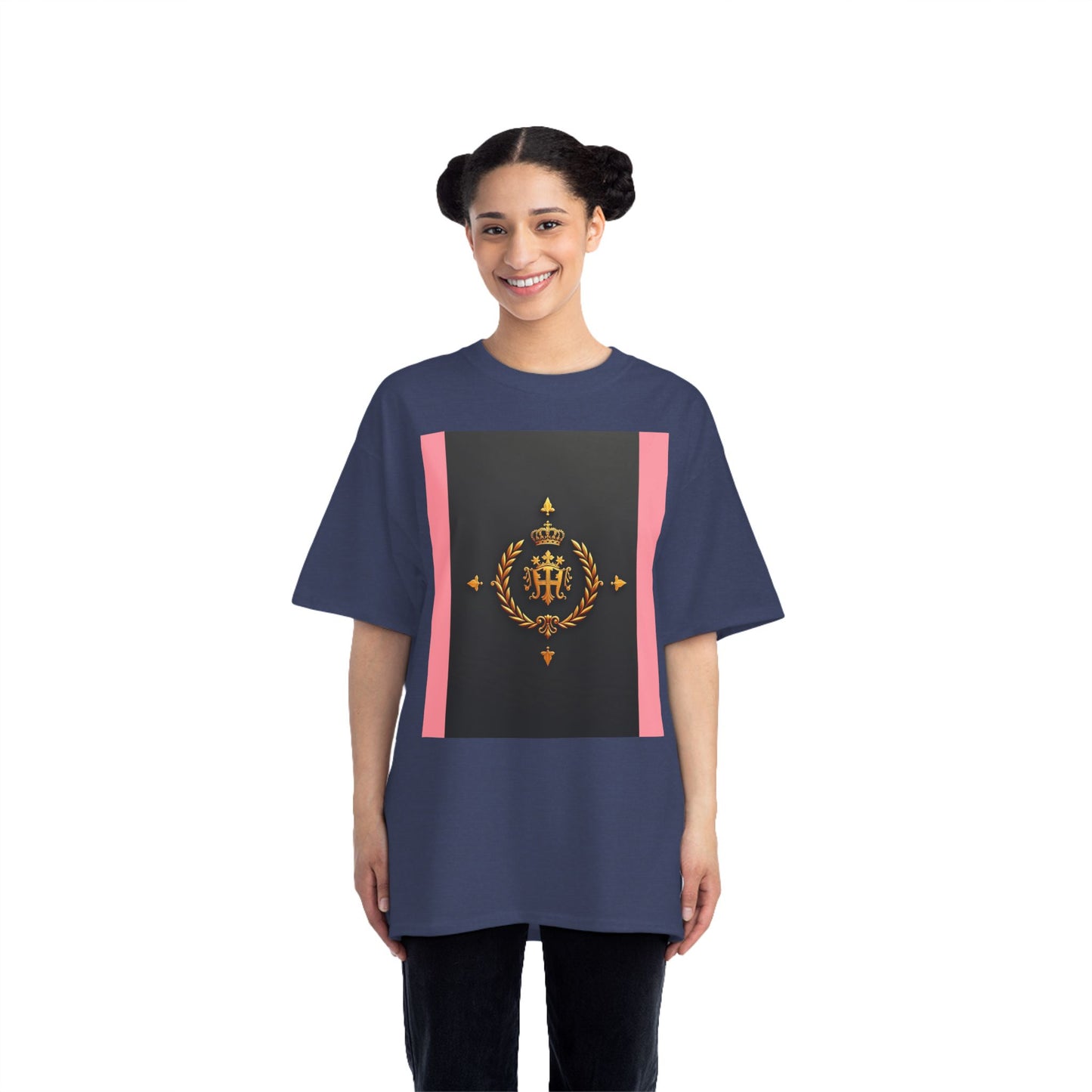 Short-Sleeve Graphic T-Shirt, Stylish Casual Wear, Trendy Gift for Friends, Summer Fashion, Statement Tee, Everyday Comfort - Pink Striped Gold Crest